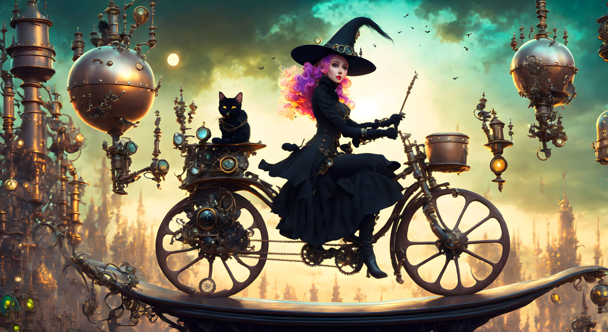 Whimsical woman on steampunk bicycle with purple cat amidst floating orbs