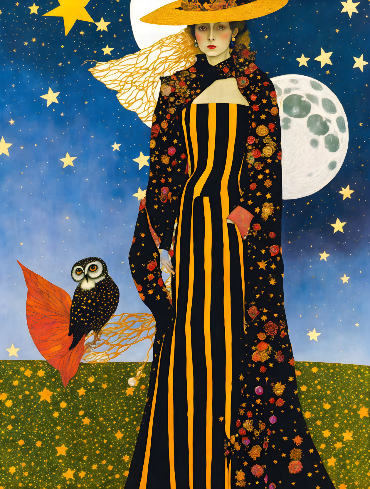 Woman in Striped Dress with Floral Patterns and Starry Hat Holding Leaf, Owl in Night Sky