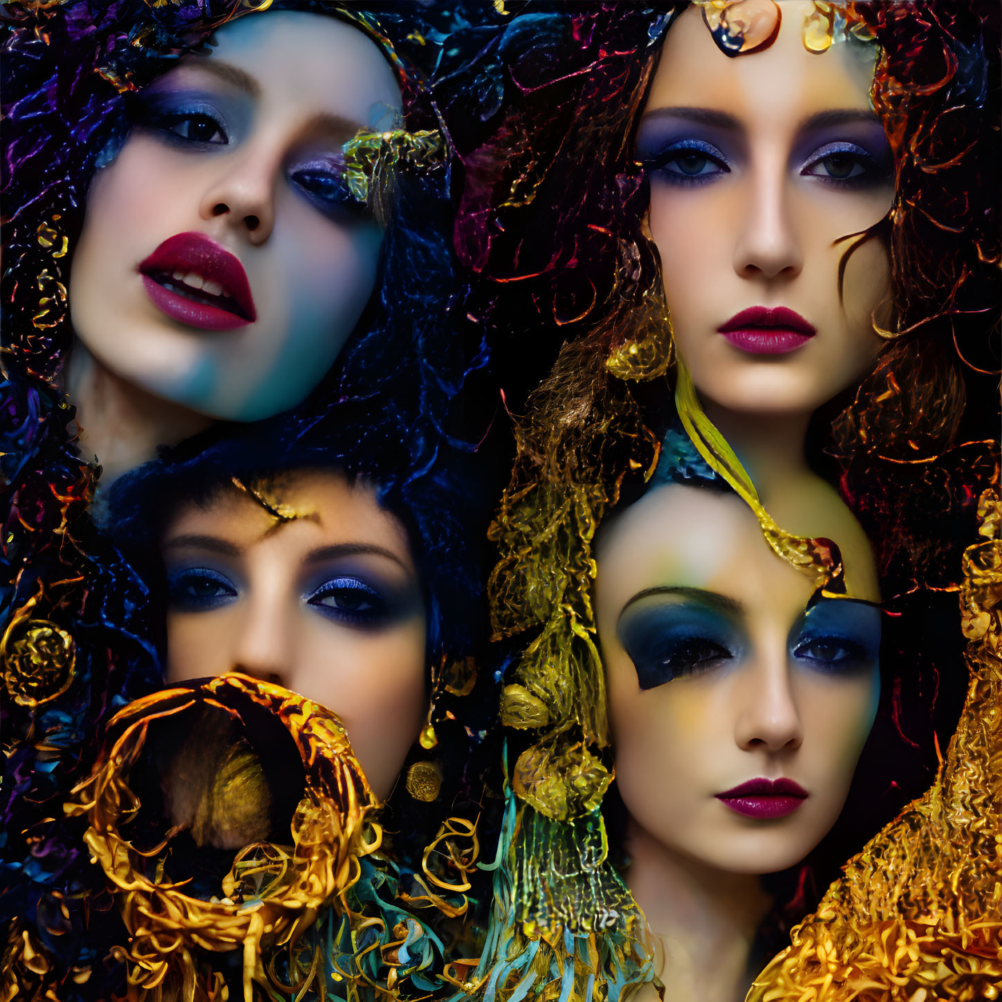 Collage of Four Faces with Dramatic Makeup and Ornate Accessories