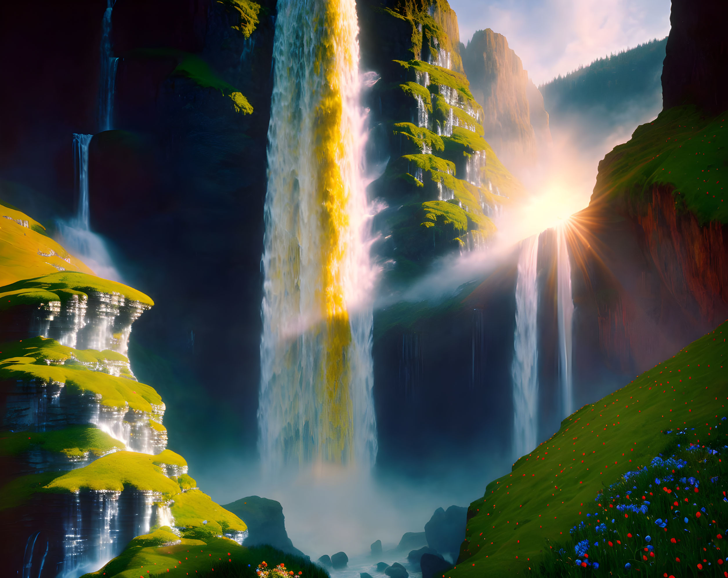 Fantasy landscape with cascading waterfalls and radiant sunrise.