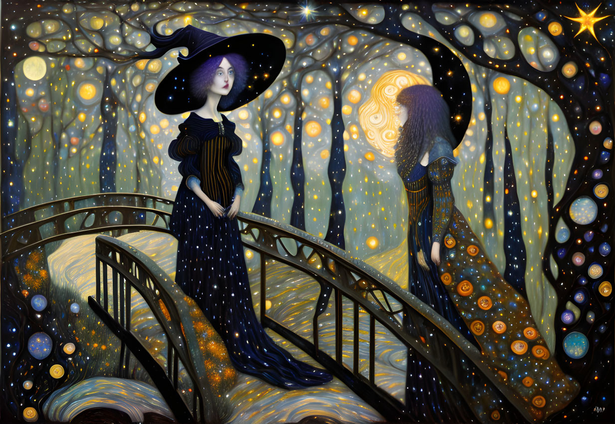 Stylized women in elegant dresses on bridge under starry night sky