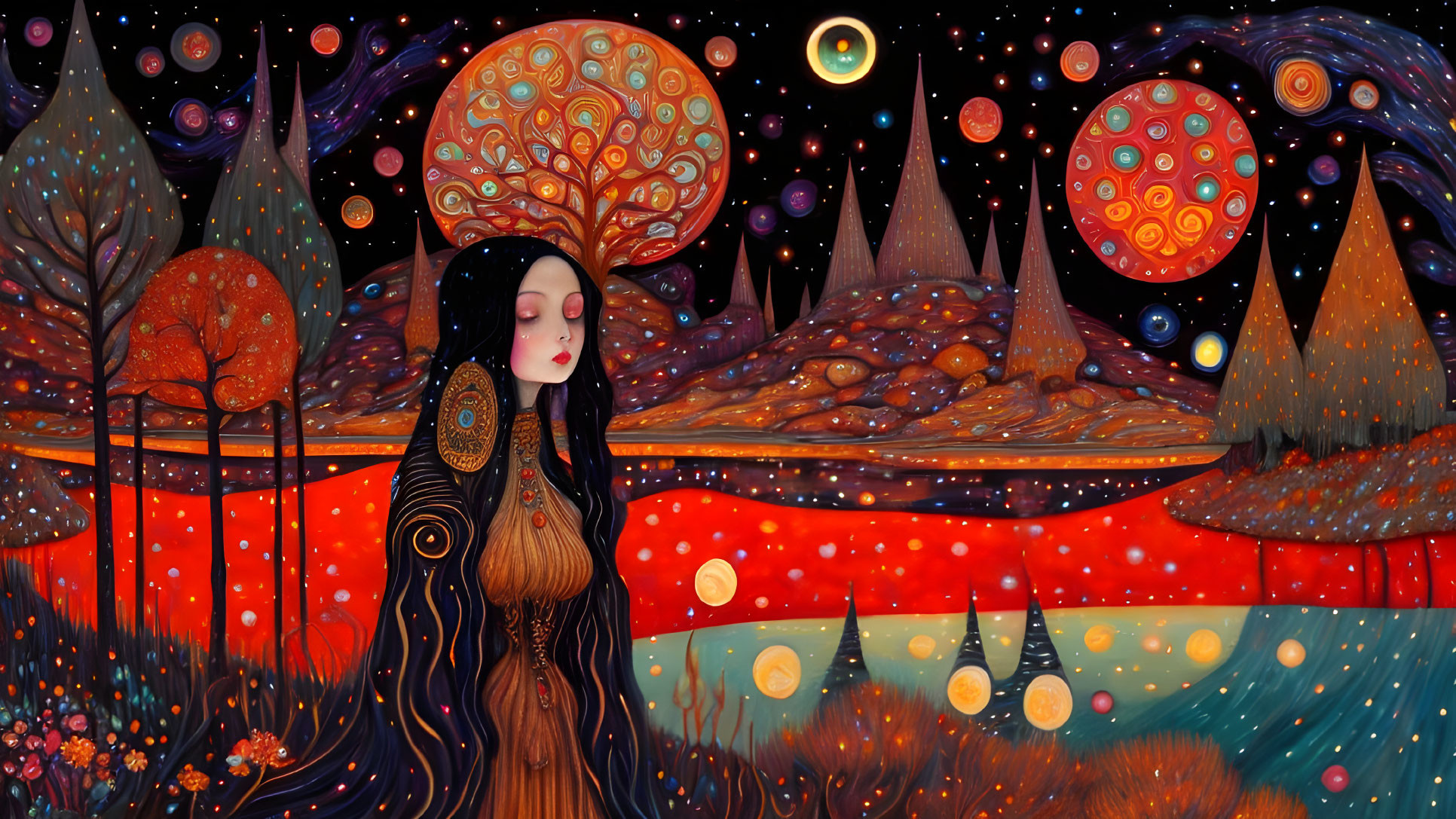 Colorful artwork: Woman with long hair in fantastical landscape