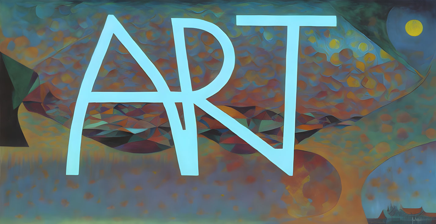 Vibrant abstract painting with translucent "ART" letters on organic and geometric backdrop