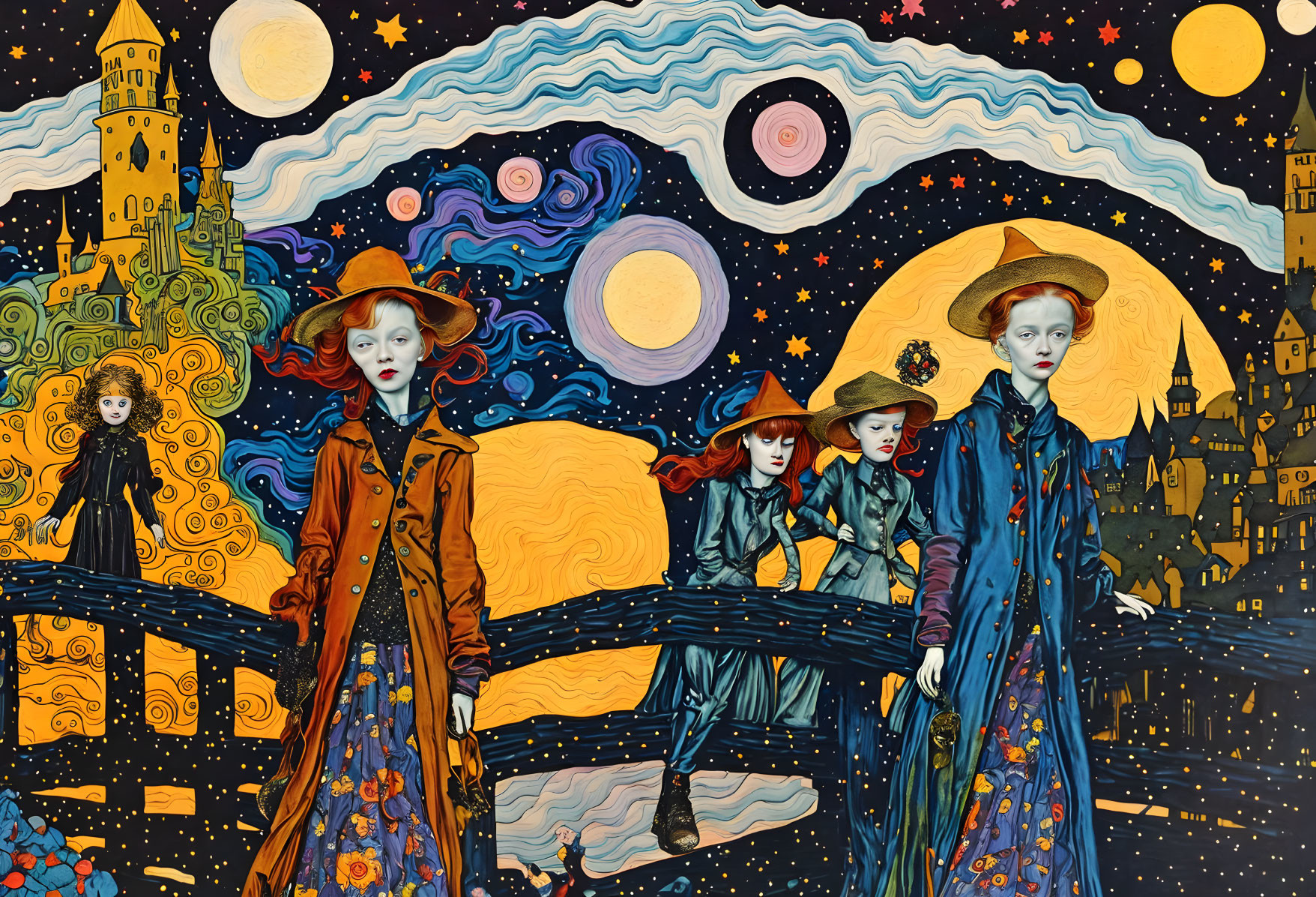 Four stylized women in large hats walking on bridge under fantasy night sky.