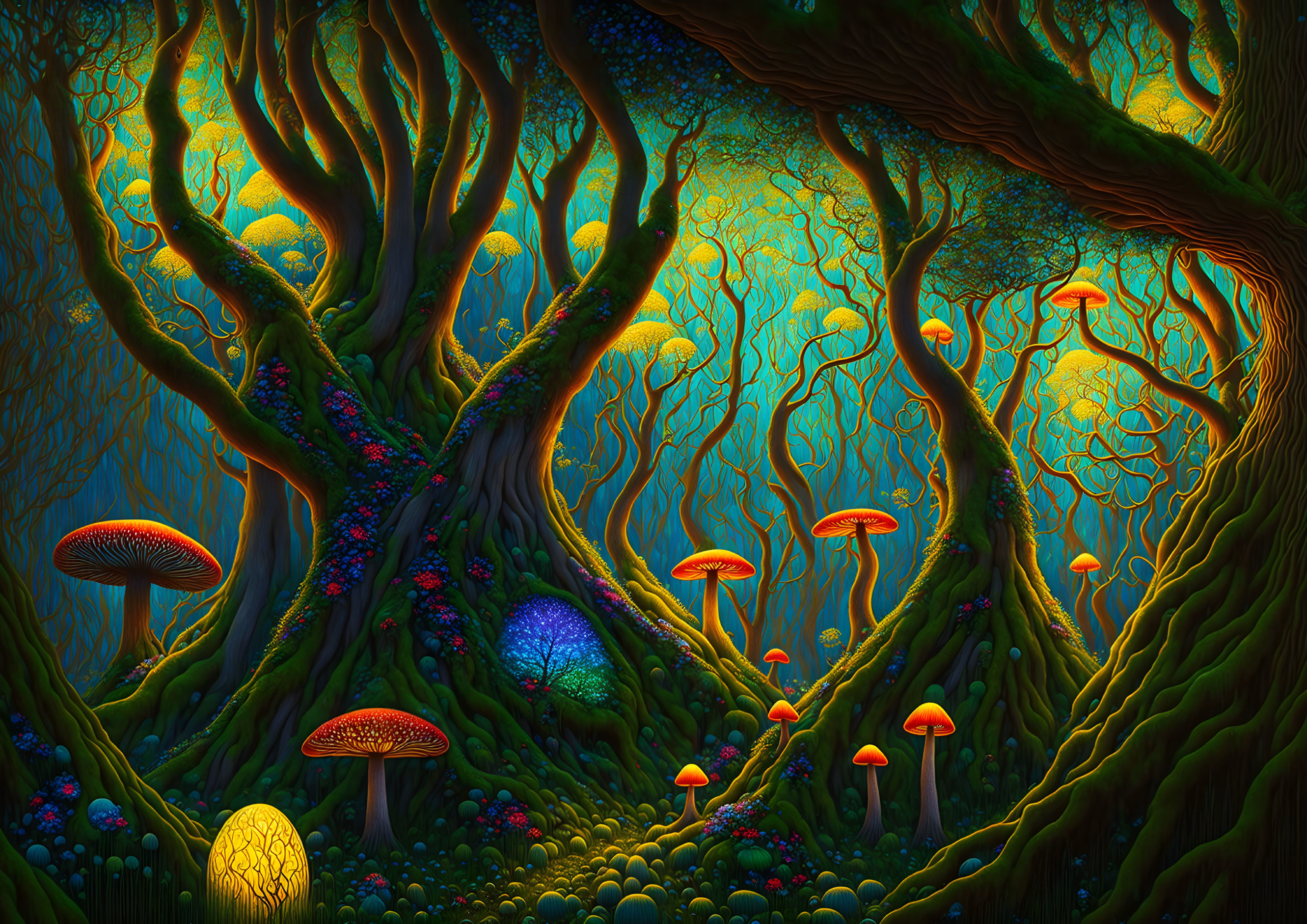 Luminescent mushrooms in fantastical forest scene