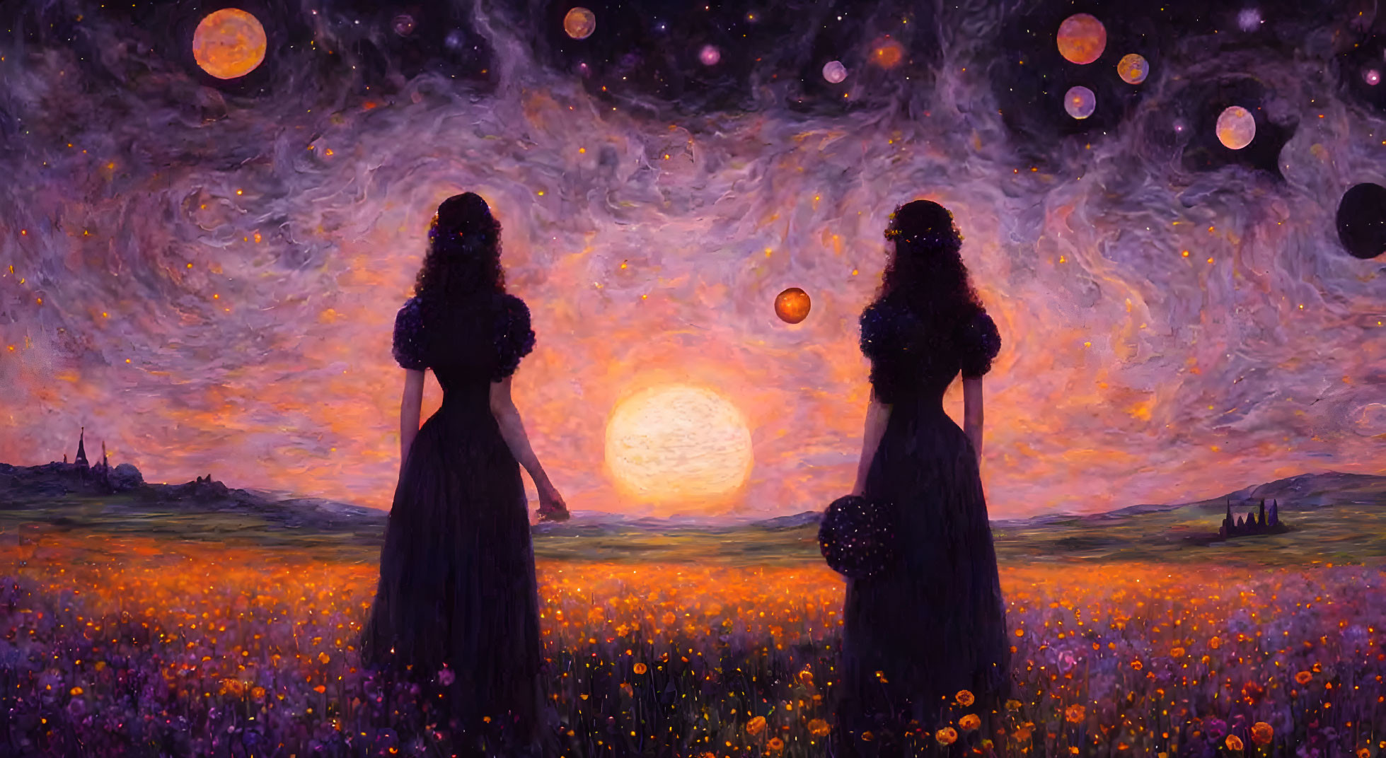 Silhouetted figures in vibrant flower field under star-speckled sky.