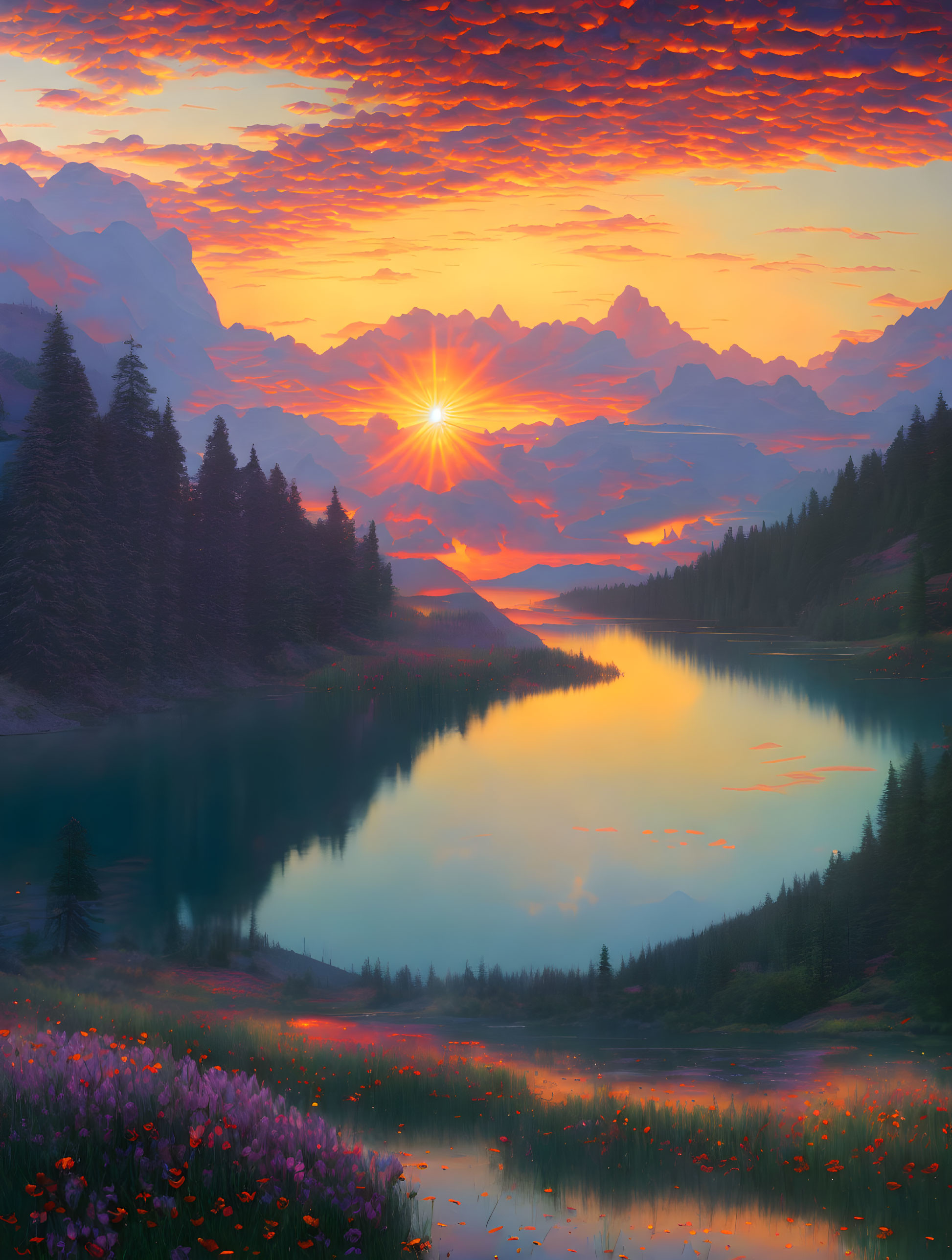 Scenic mountain lake sunset with vibrant clouds and pine trees