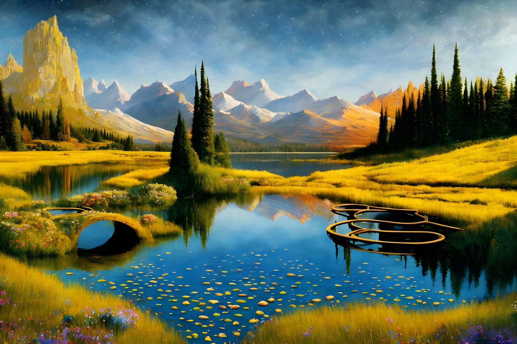 Tranquil landscape with reflective lake, golden fields, wildflowers, and mountains