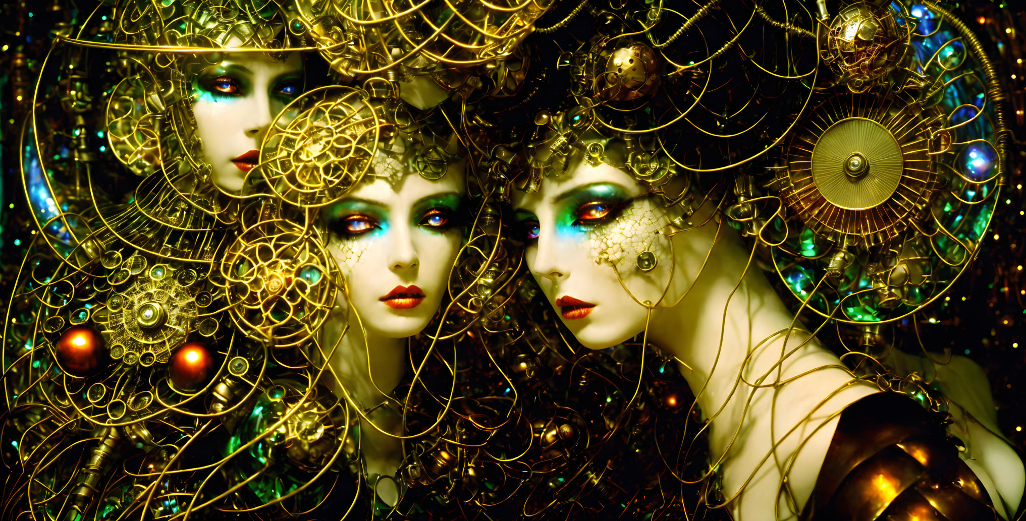 Ornate mannequins with golden steampunk headdresses