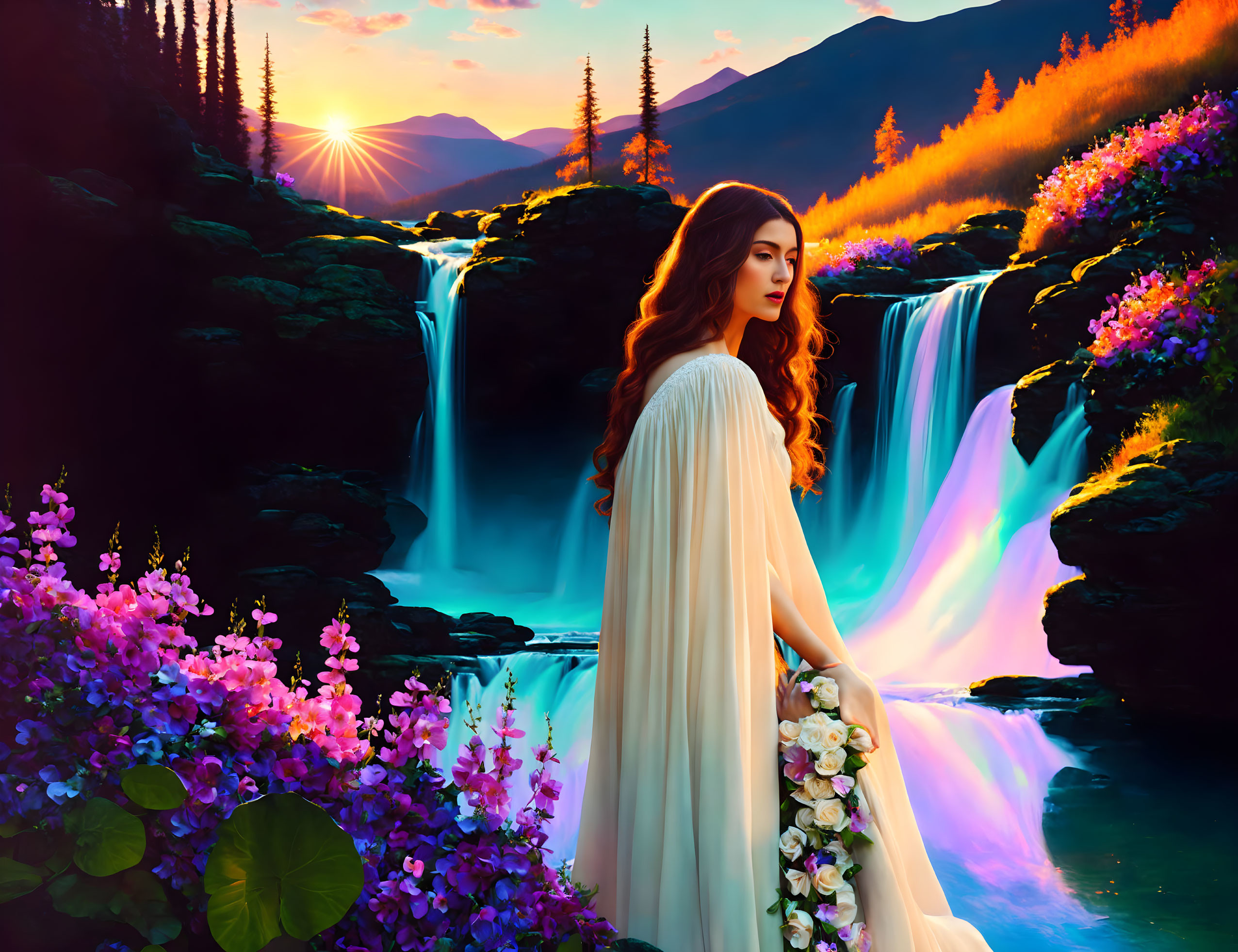 Woman in white dress near colorful flower-lined waterfall at sunset