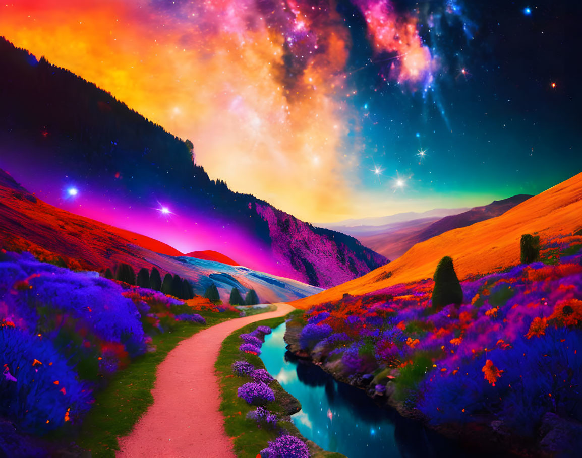 Colorful surreal landscape with winding path, flowing river, and vibrant starry sky.