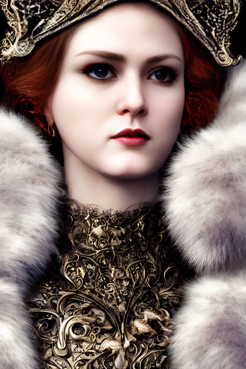 Regal woman with blue eyes and red hair in luxurious attire