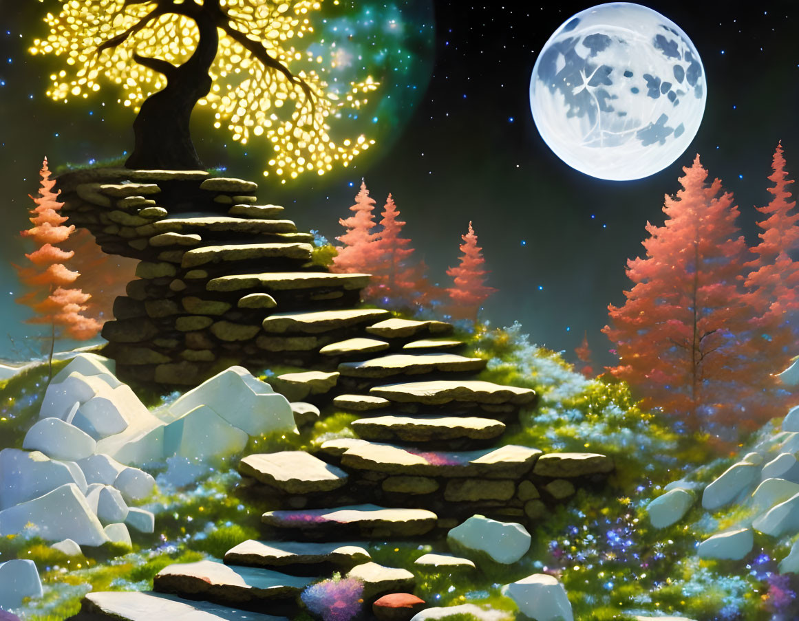 Fantasy landscape with stone stairway, glowing tree, starry sky, and large moon