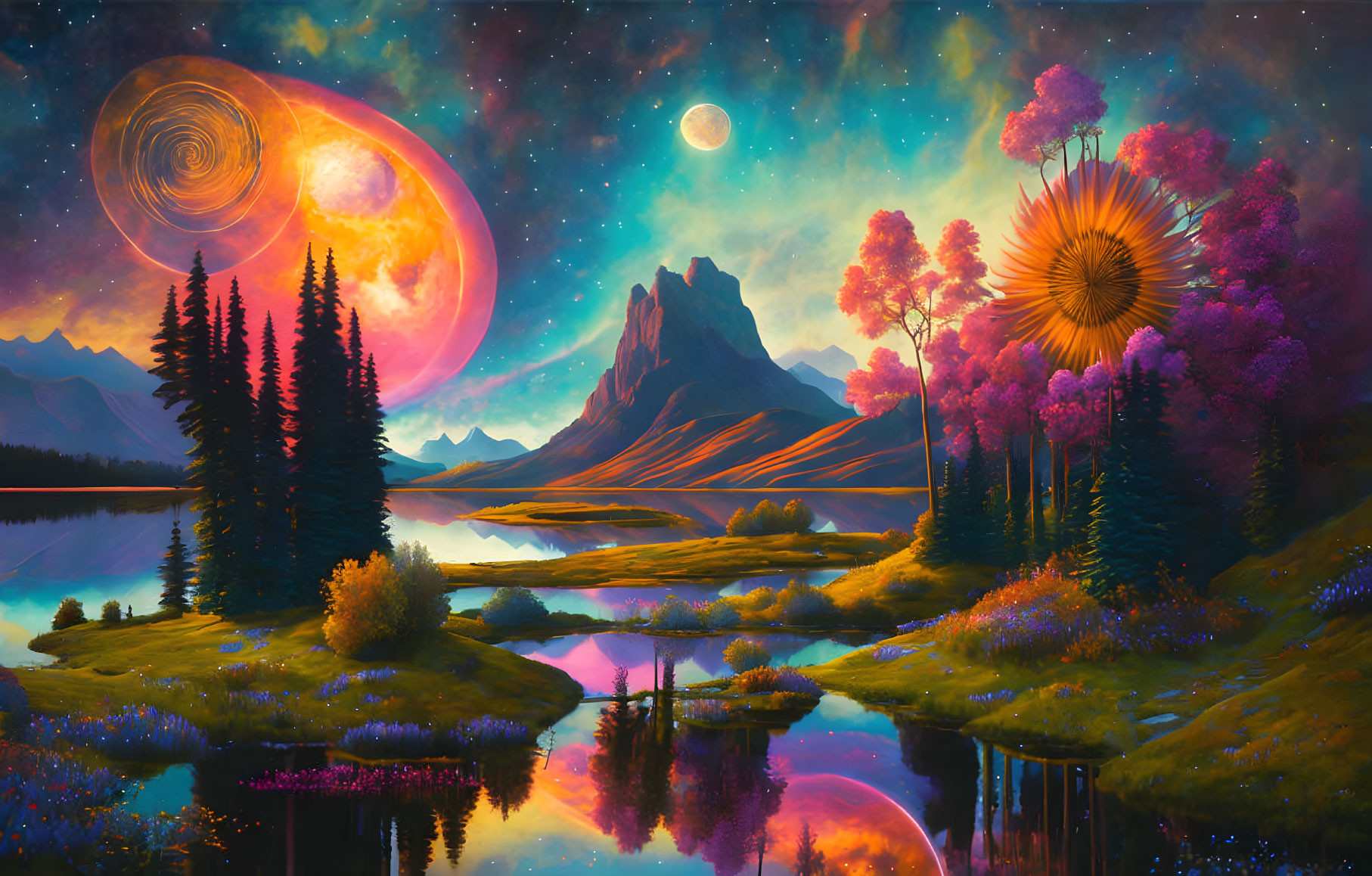 Colorful surreal landscape with moon, planets, flora, river, starlit sky