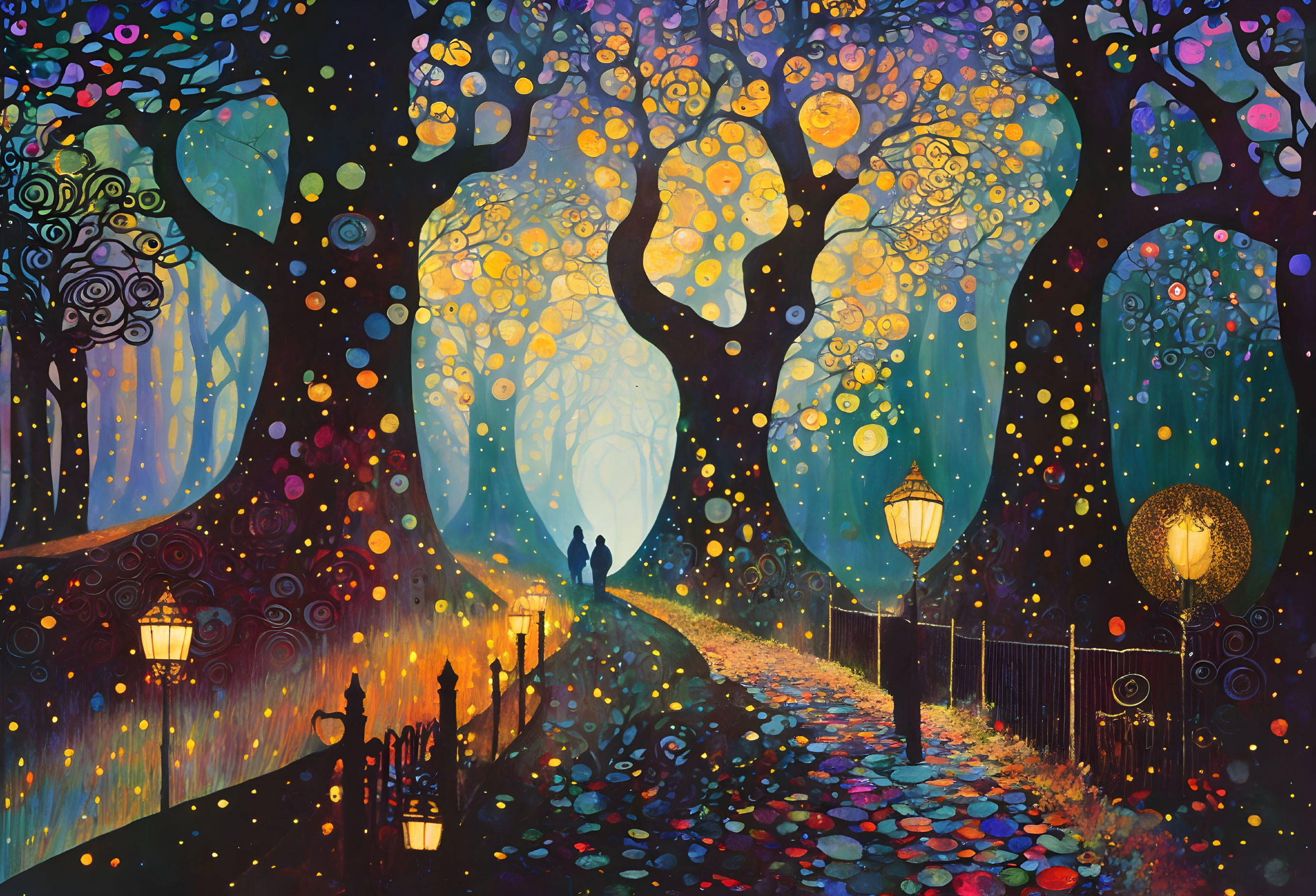 Colorful painting of mystical forest with glowing path and silhouetted figures