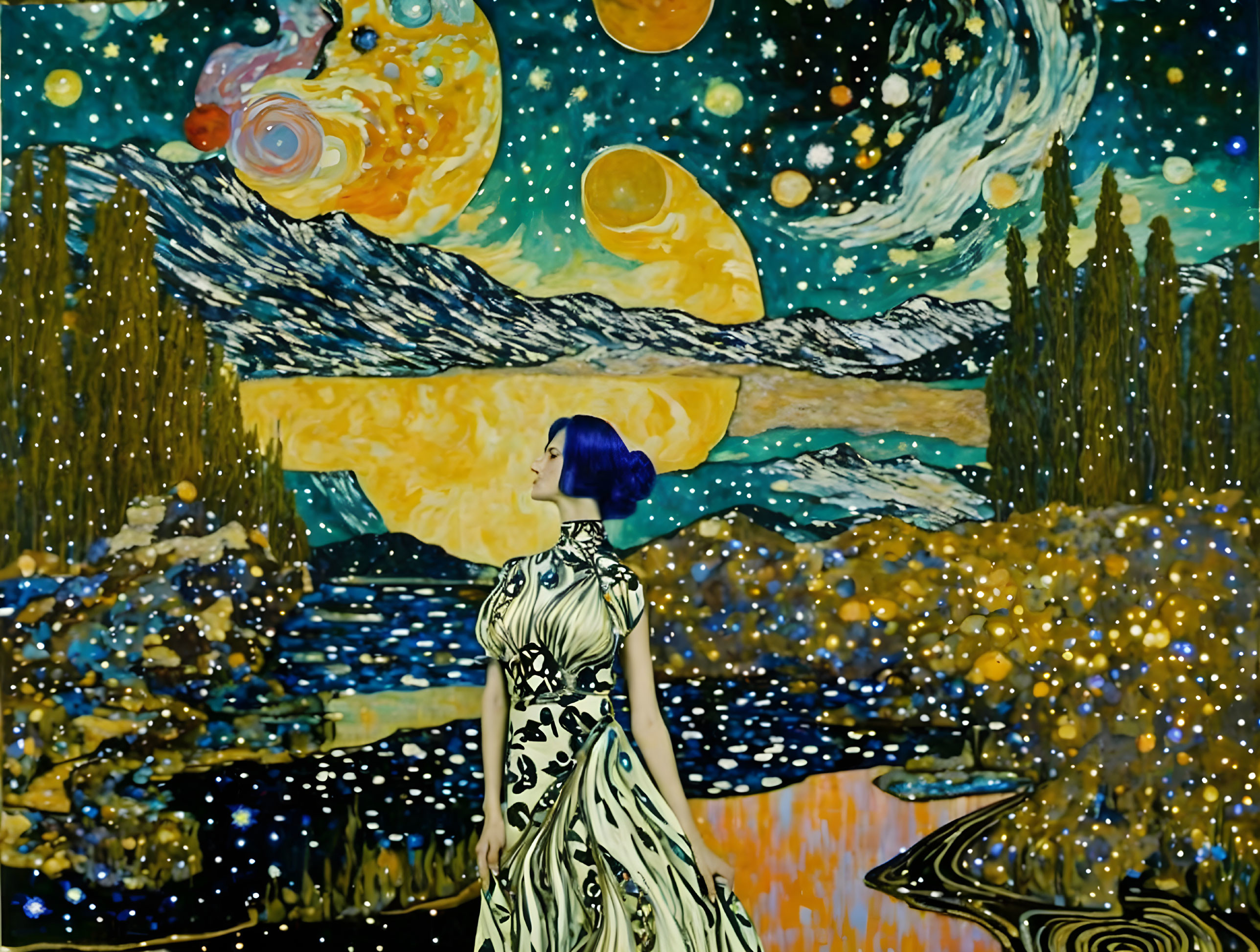 Woman in dress under Van Gogh-inspired starry night landscape