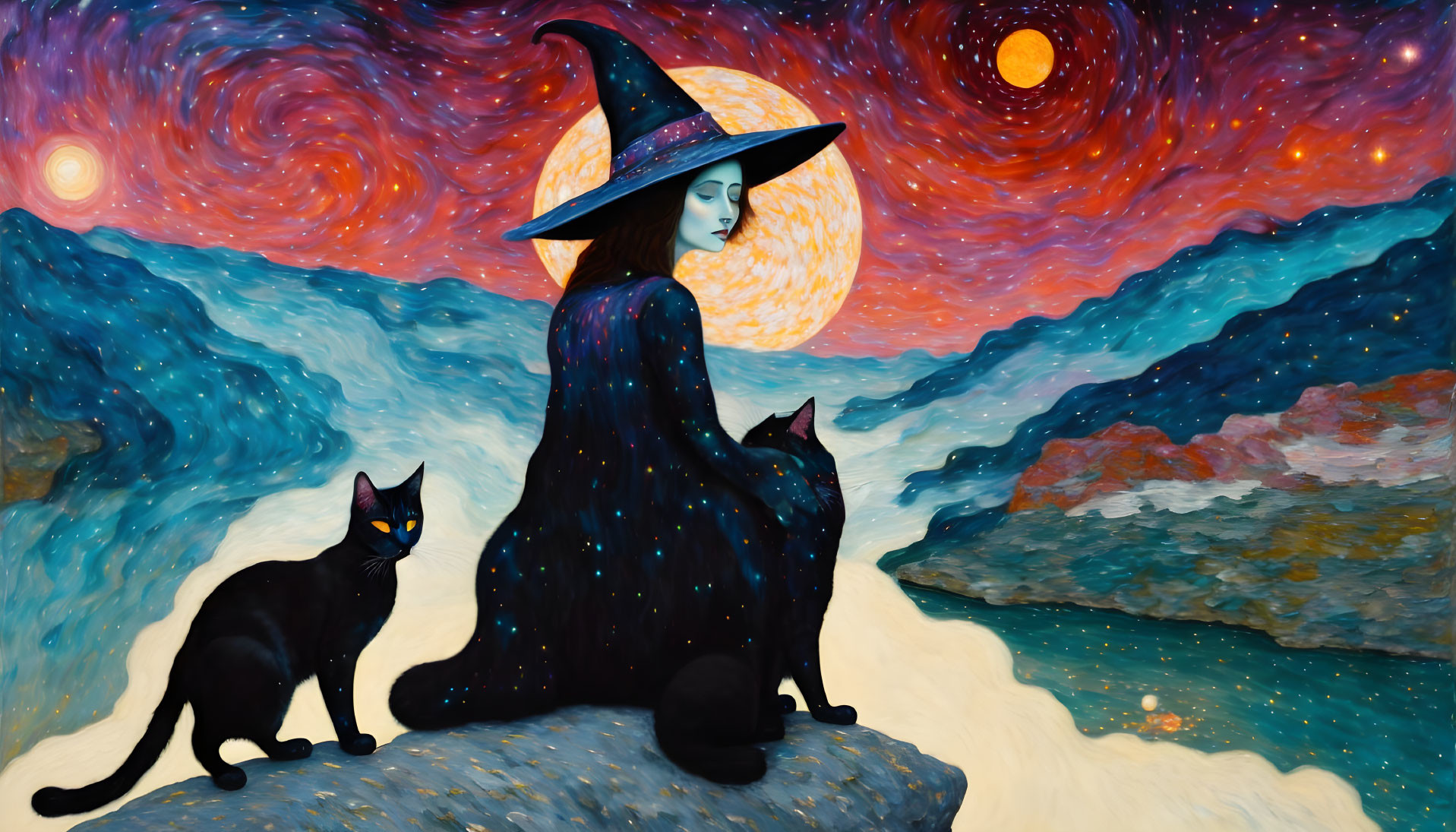 Witch with black cats by river under starry sky