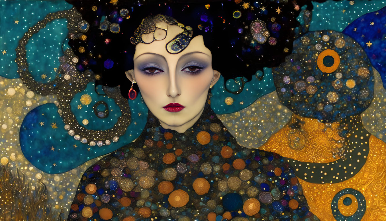 Illustrated female figure with cosmic makeup in swirling celestial patterns