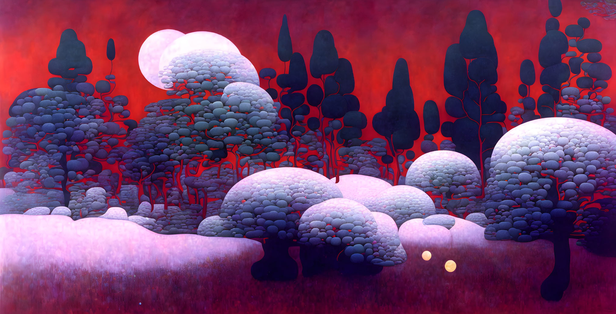Vibrant surreal landscape with stylized trees under red sky