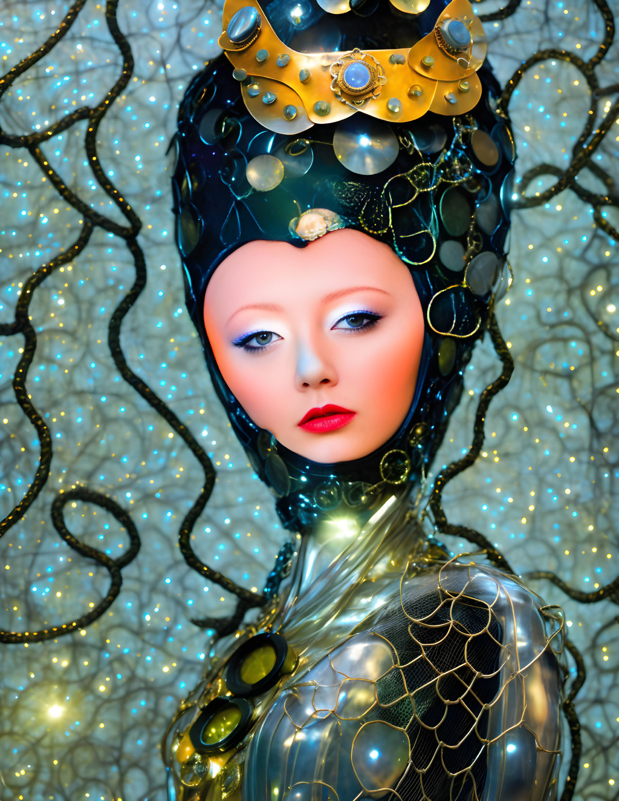 Stylized portrait of person in futuristic black and gold outfit