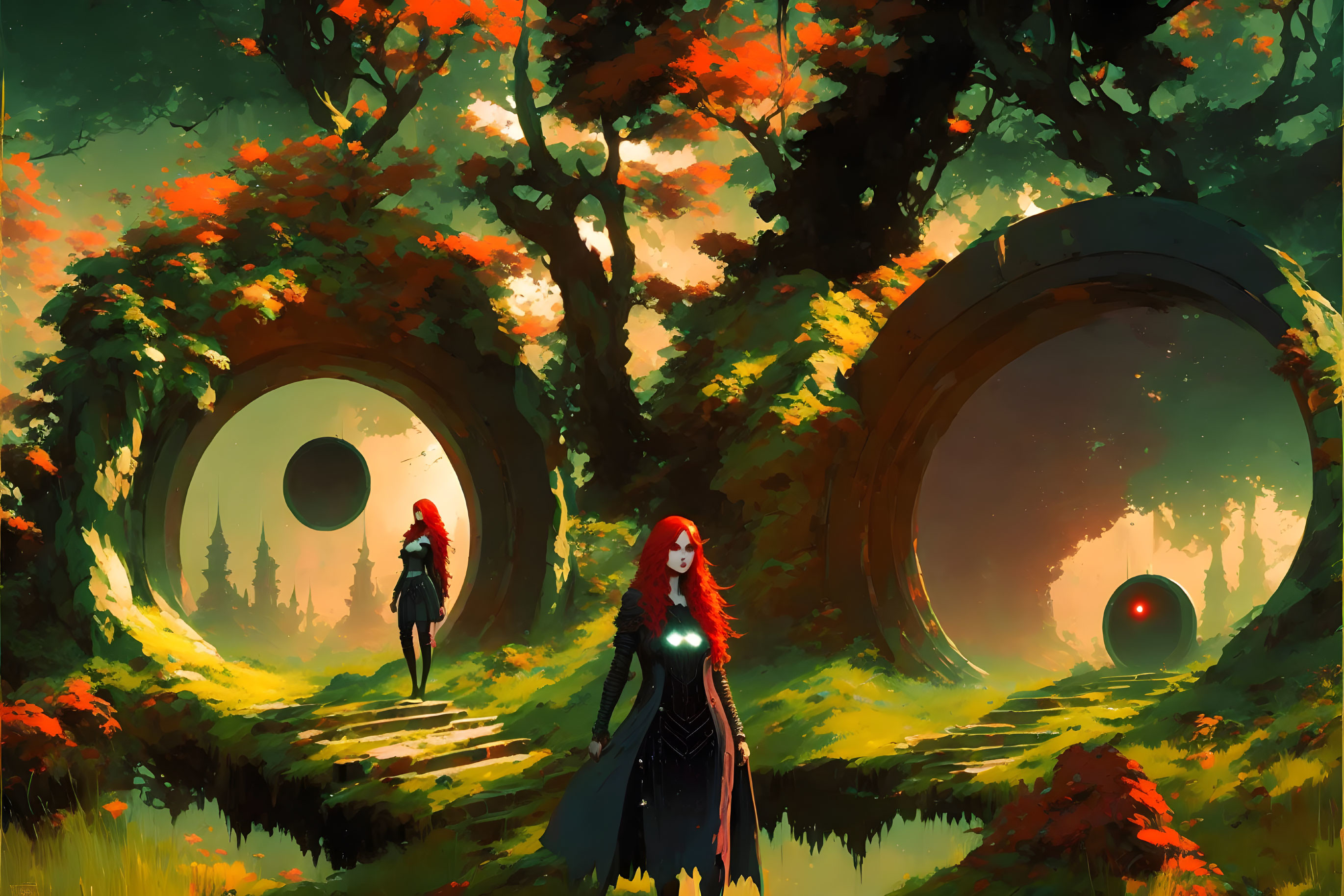 Vibrant forest with two circular gateways, red-haired person, and figure walking.