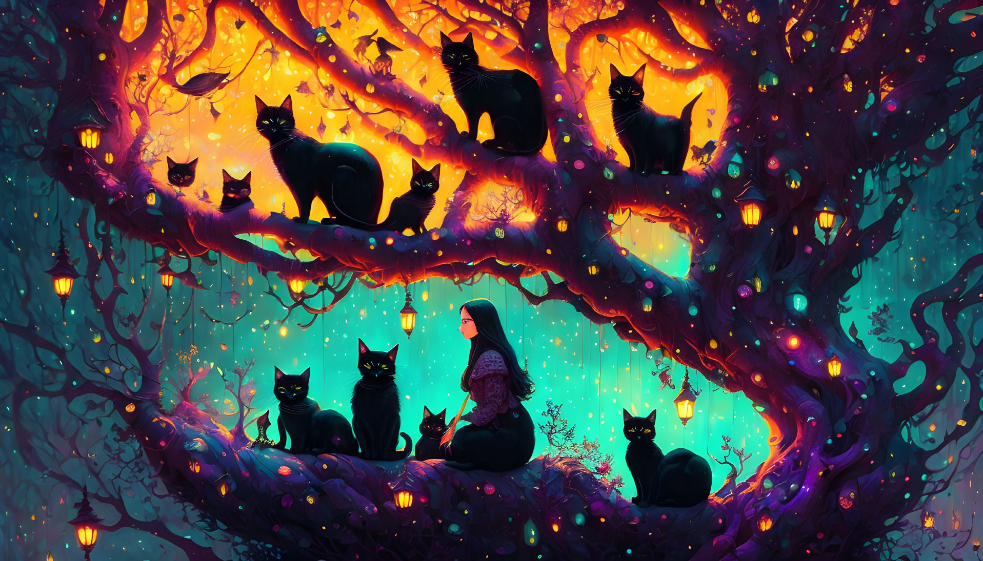 Mystical artwork of woman with black cats in vibrant forest