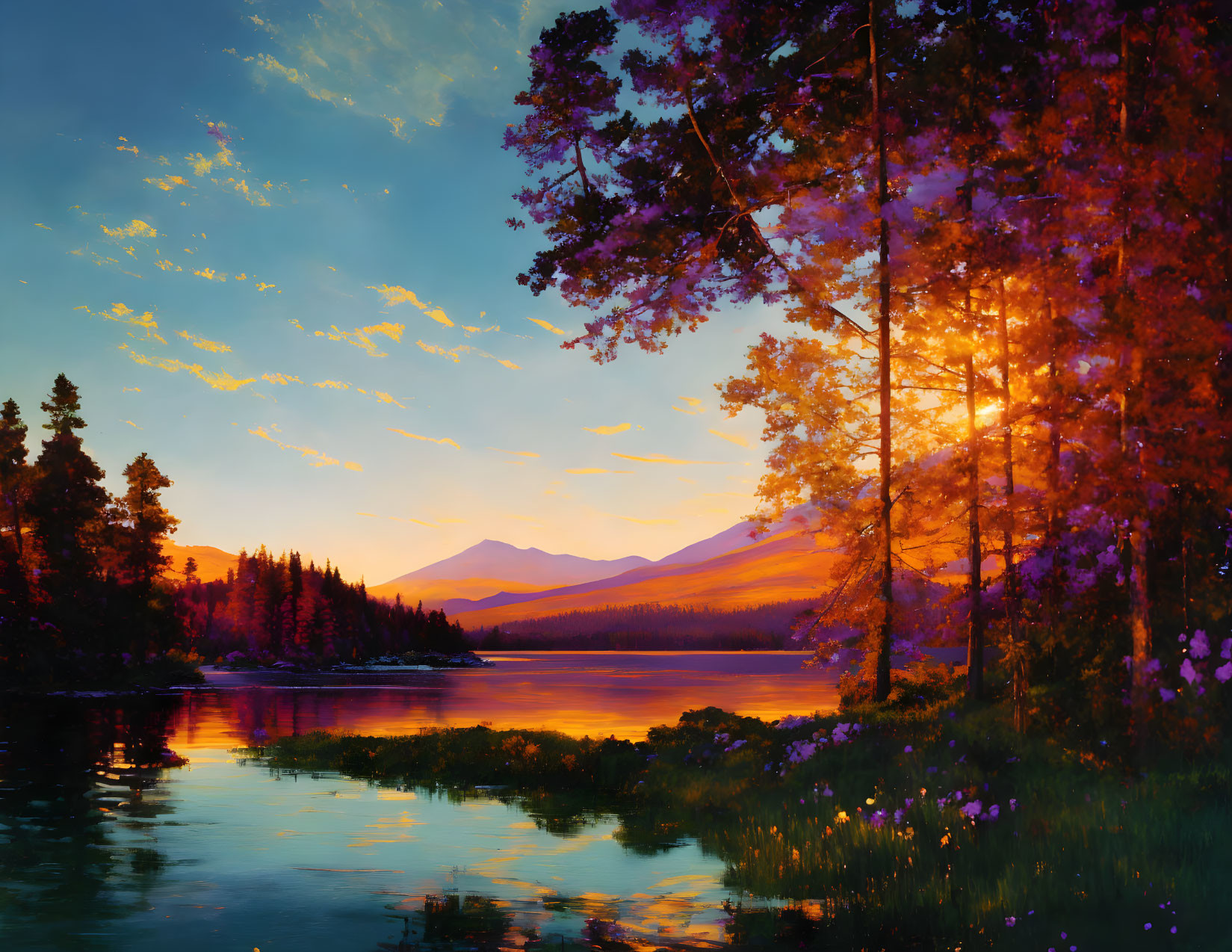 Scenic sunset over serene lake with mountain views