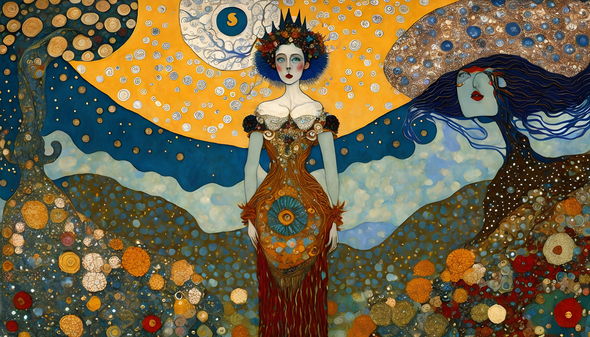 Stylized female figure against gold-accented mosaic backdrop