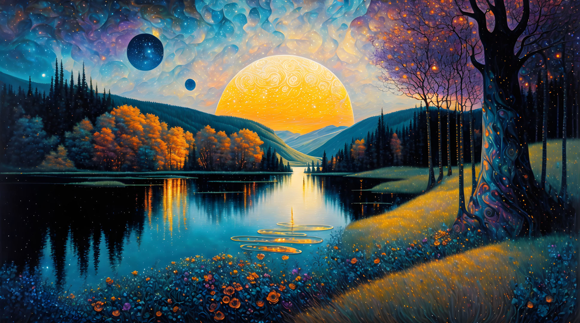 Autumn landscape painting with serene lake, starry sky, moon, and planets