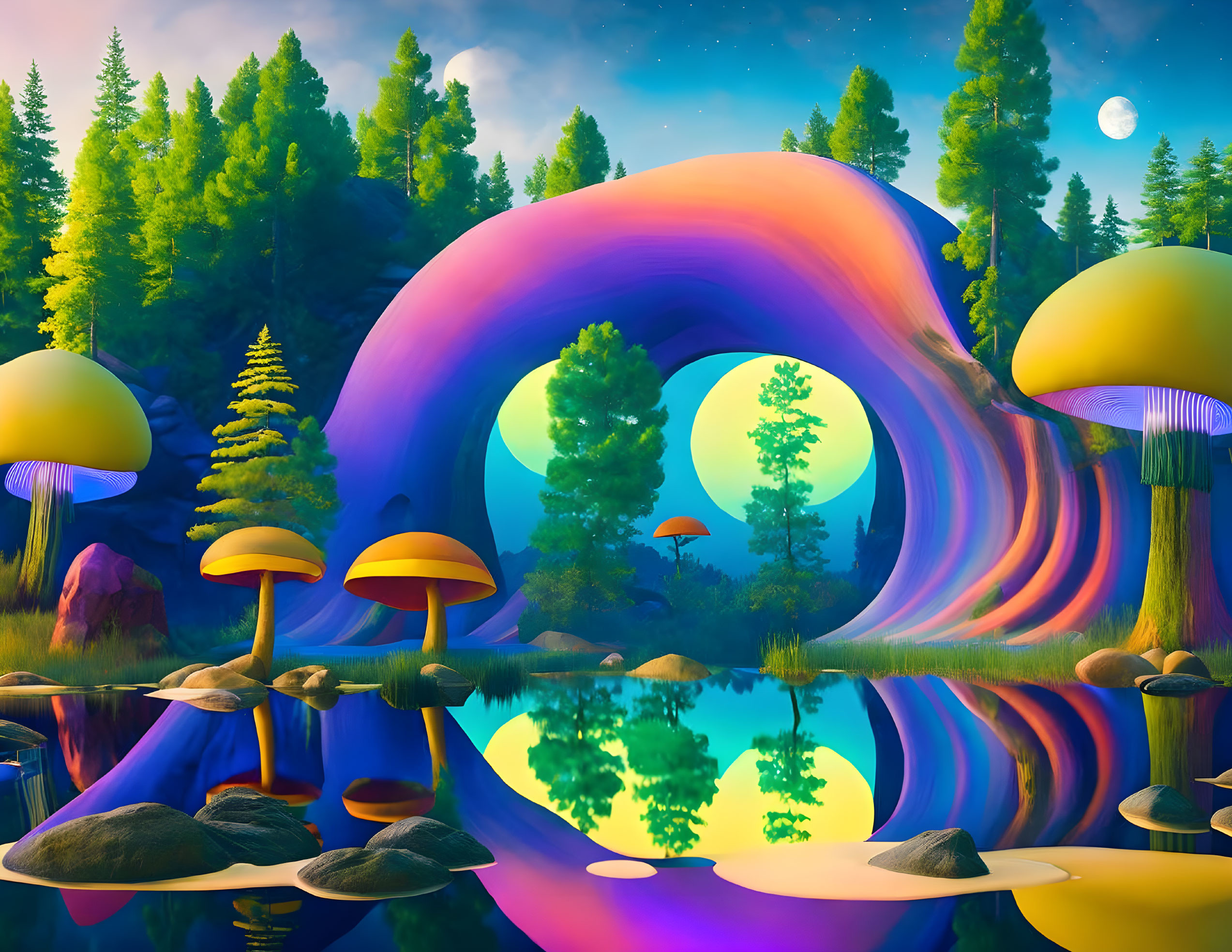 Whimsical landscape with oversized mushrooms, serene lake, surreal trees, and colorful portal