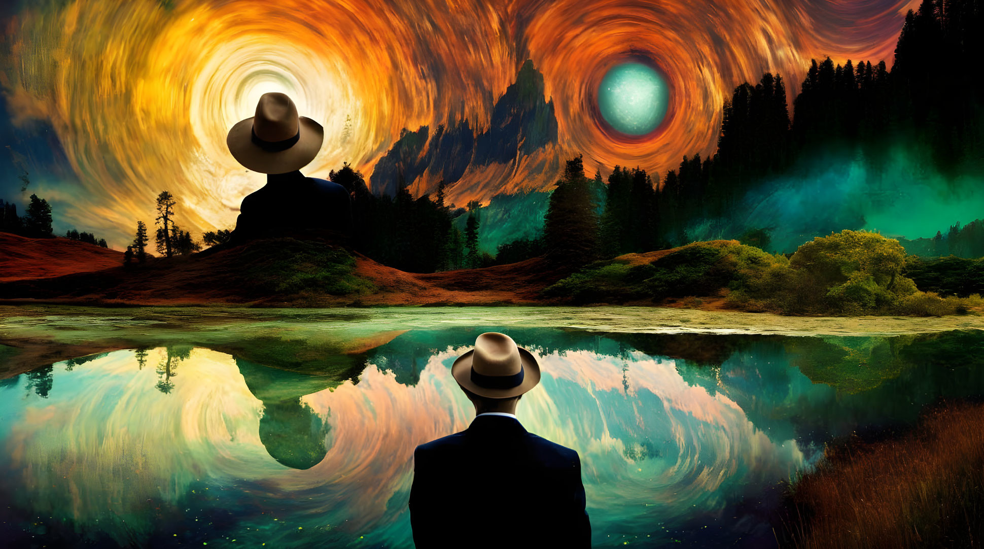 Surreal landscape with vibrant sky swirls and colorful trees by serene lake