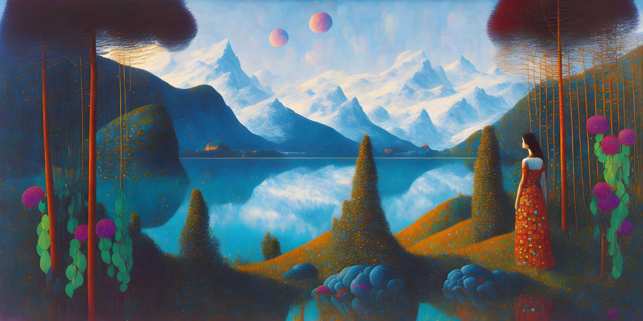 Surreal landscape with mountains, reflective lake, moons, flora, and woman in patterned dress