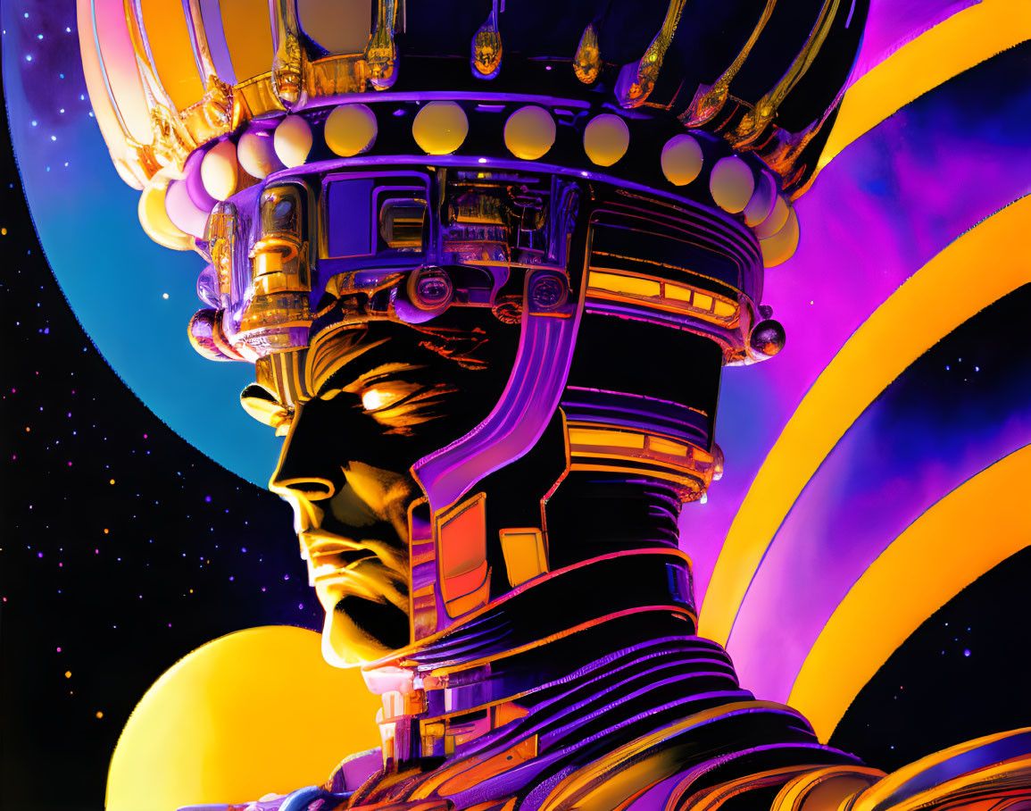 Colorful digital artwork: Futuristic head profile with intricate headgear on cosmic background