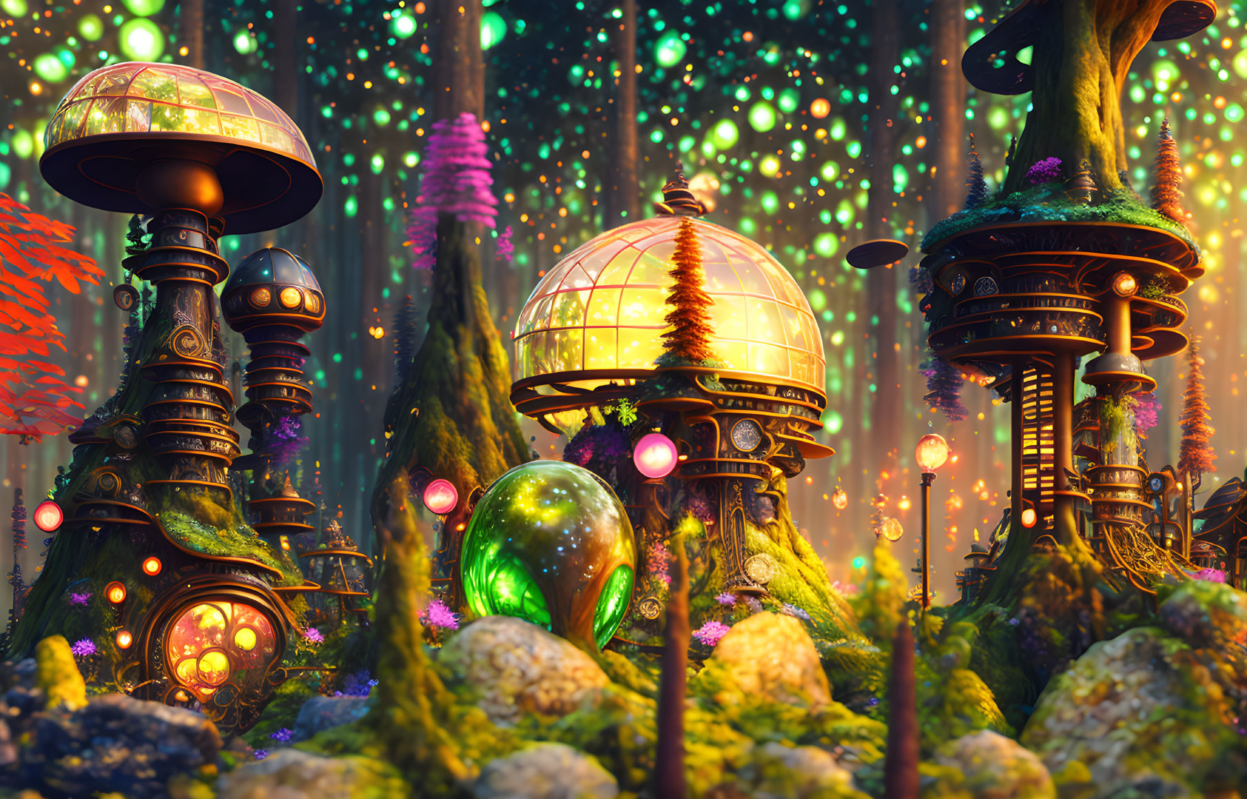 Fantasy forest with whimsical trees and glowing orbs