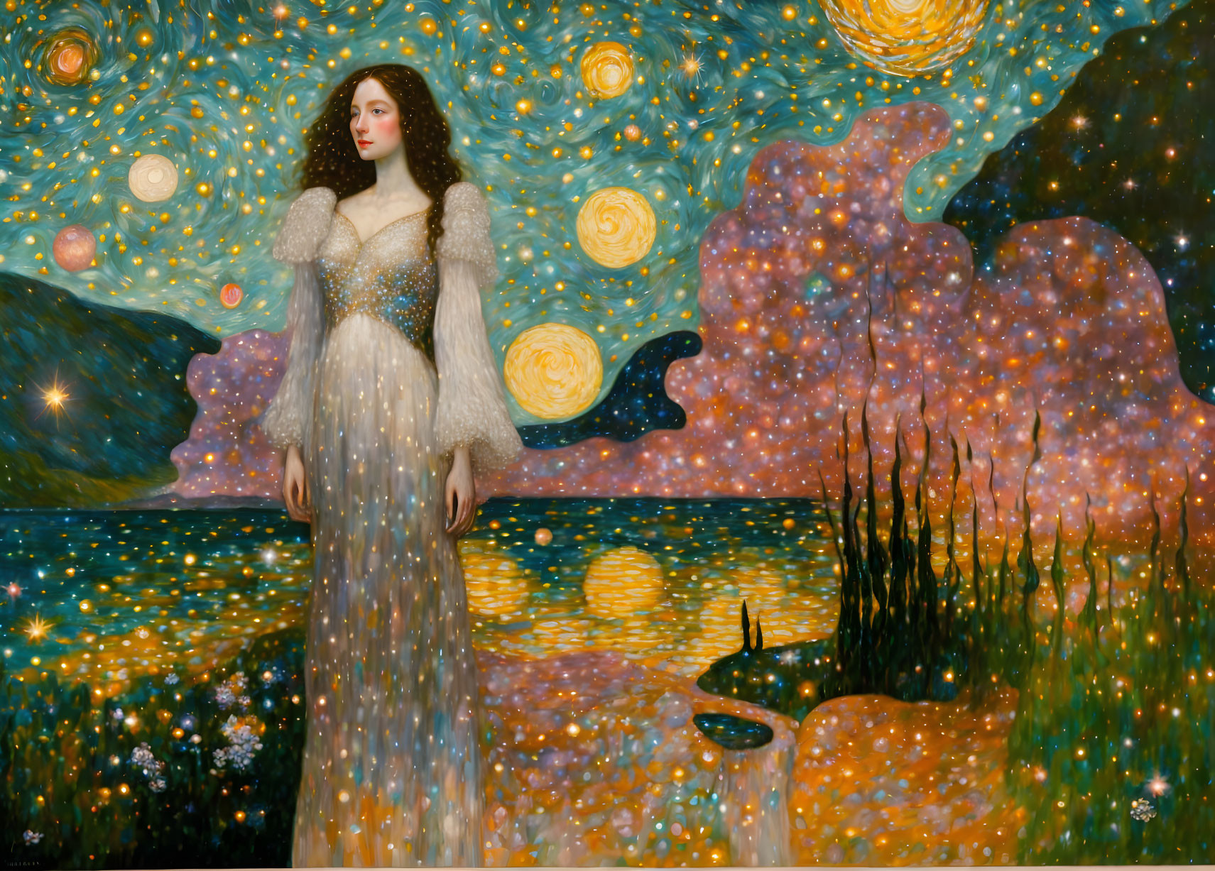 Vivid painting of elegant woman in starry night setting