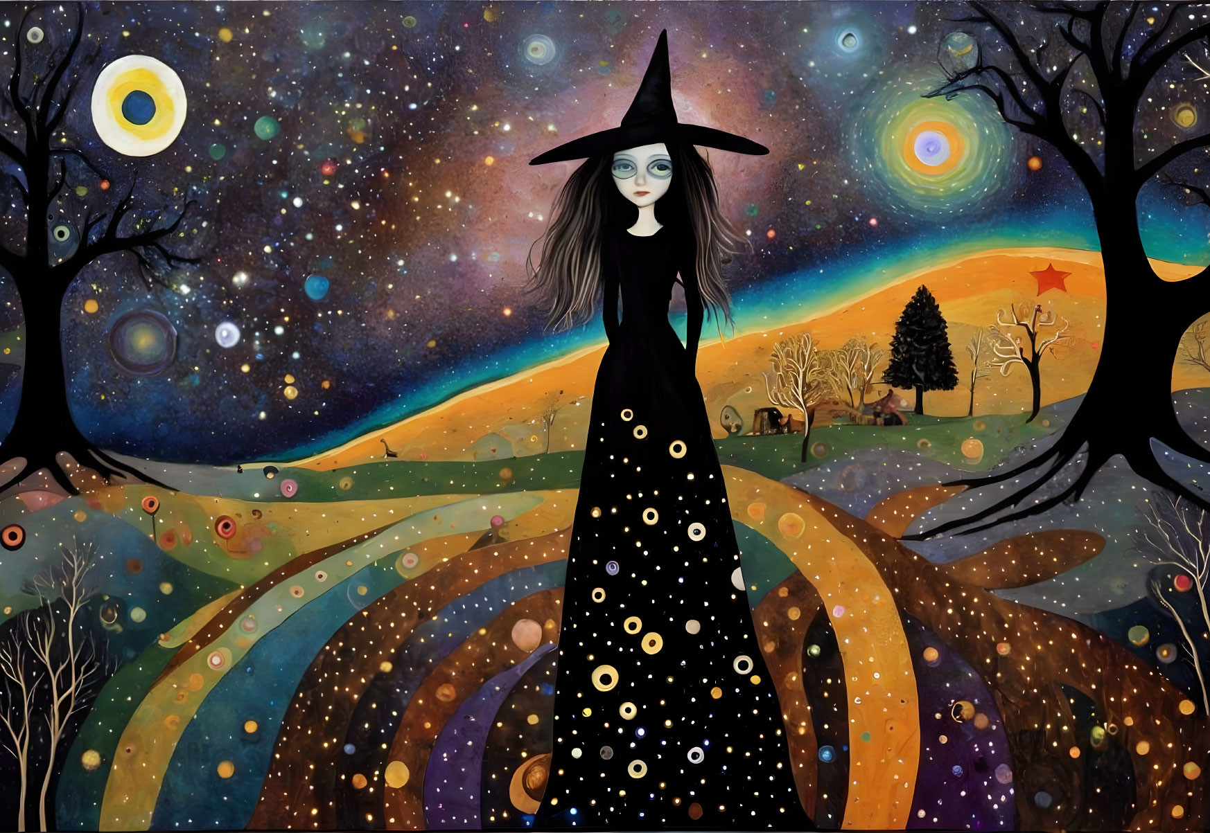 Colorful Witch Illustration in Cosmic Landscape