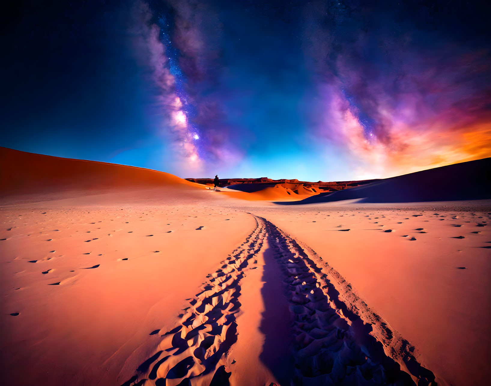 Sunset sky with Milky Way over sand dunes and footprints