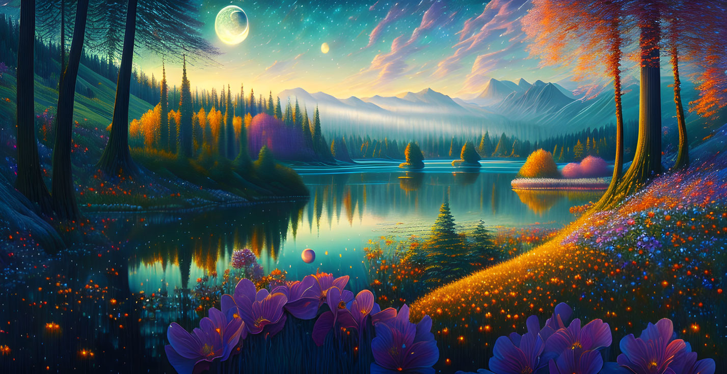 Fantastical landscape at dusk: Moon, flowers, lake & mountains