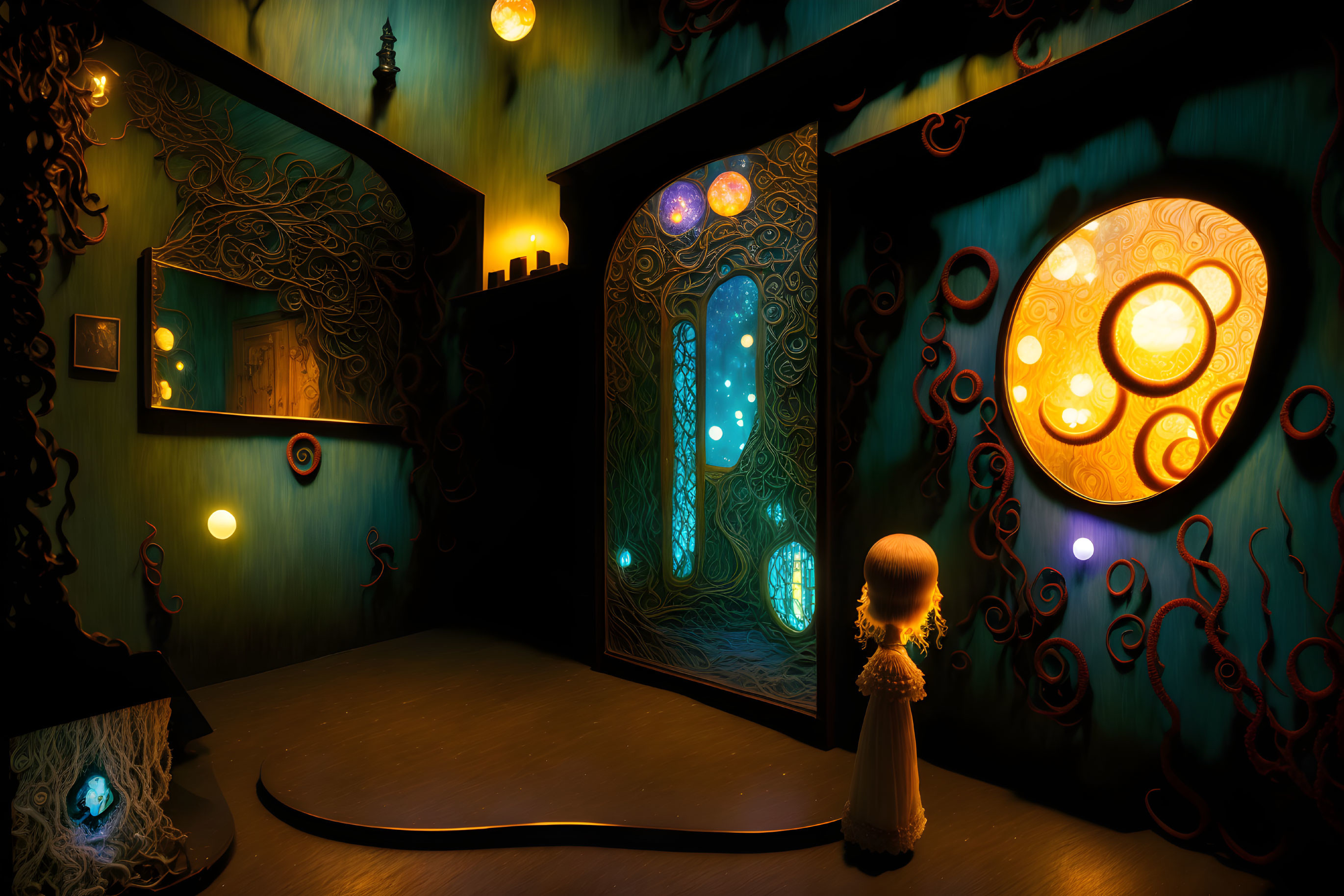 Child in white dress in mystical room with glowing orbs, intricate patterns, mirrors, and illuminated doorway