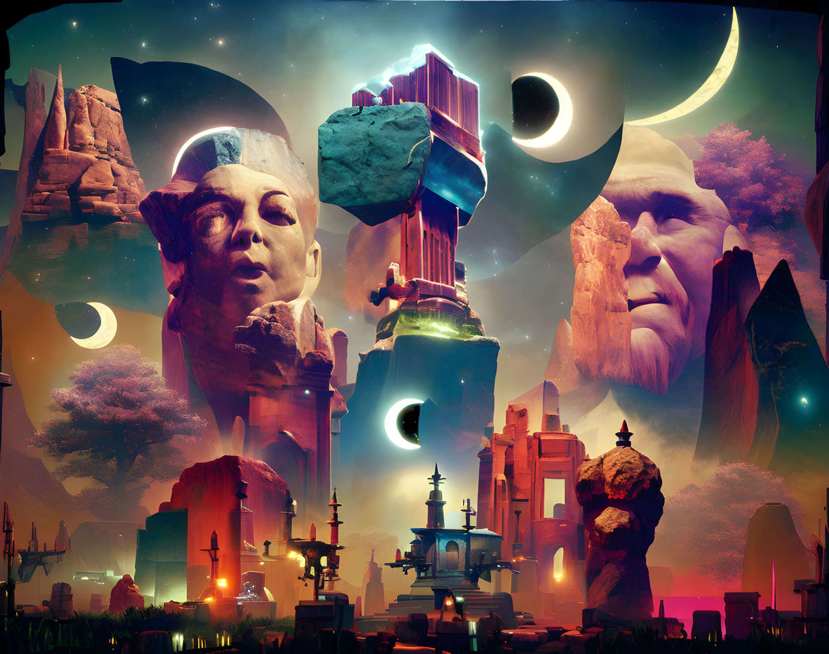 Surreal landscape with colossal statues, floating rocks, temples, and multiple moons