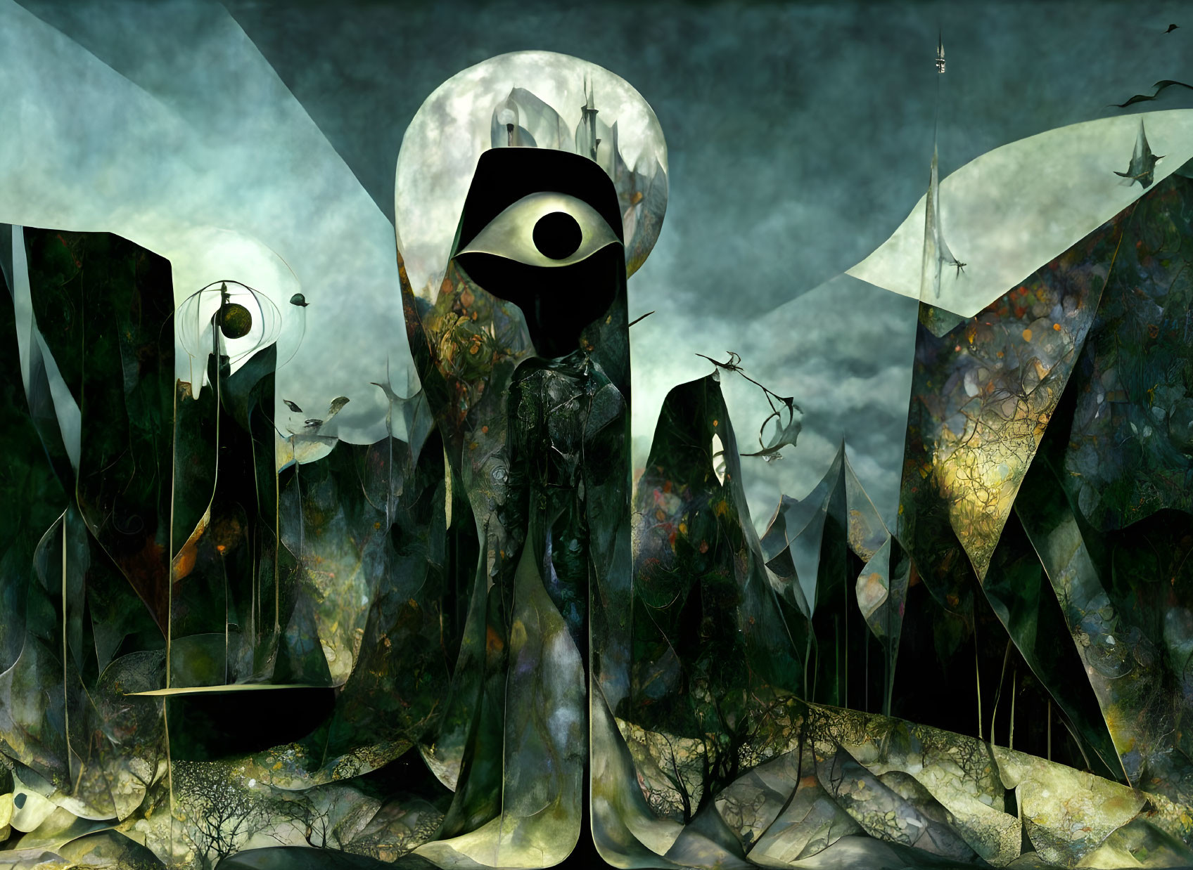 Abstract surreal landscape with eye-like figure in moonlit sky