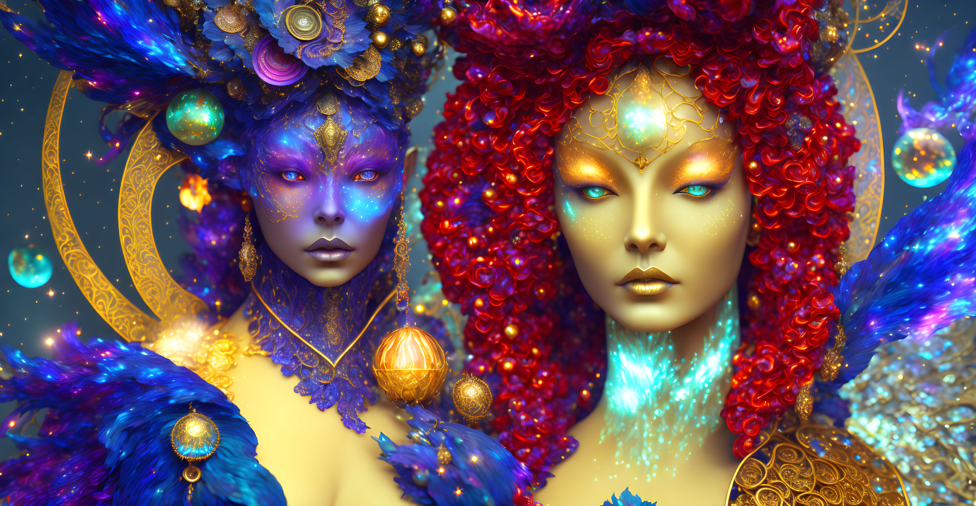 Vibrant fantasy female figures with cosmic and floral hairstyles on celestial backdrop