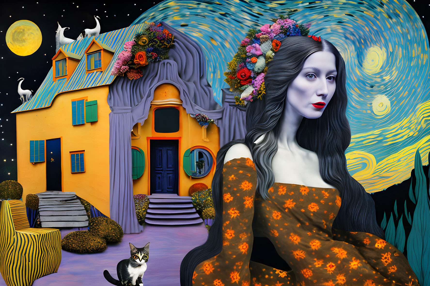 Surreal artwork: Van Gogh style, woman with flowing hair, flowers, whimsical house