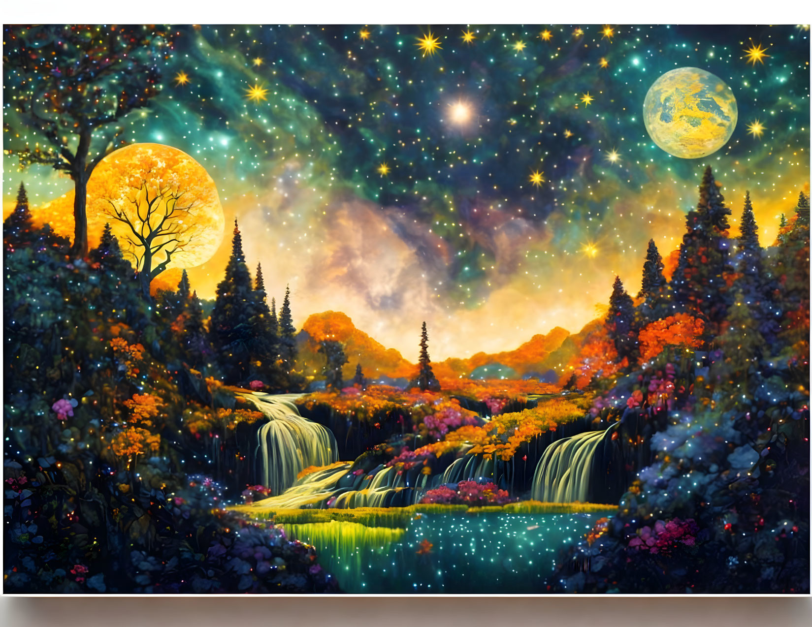 Fantastical landscape with starry sky, two moons, waterfall, and celestial glow