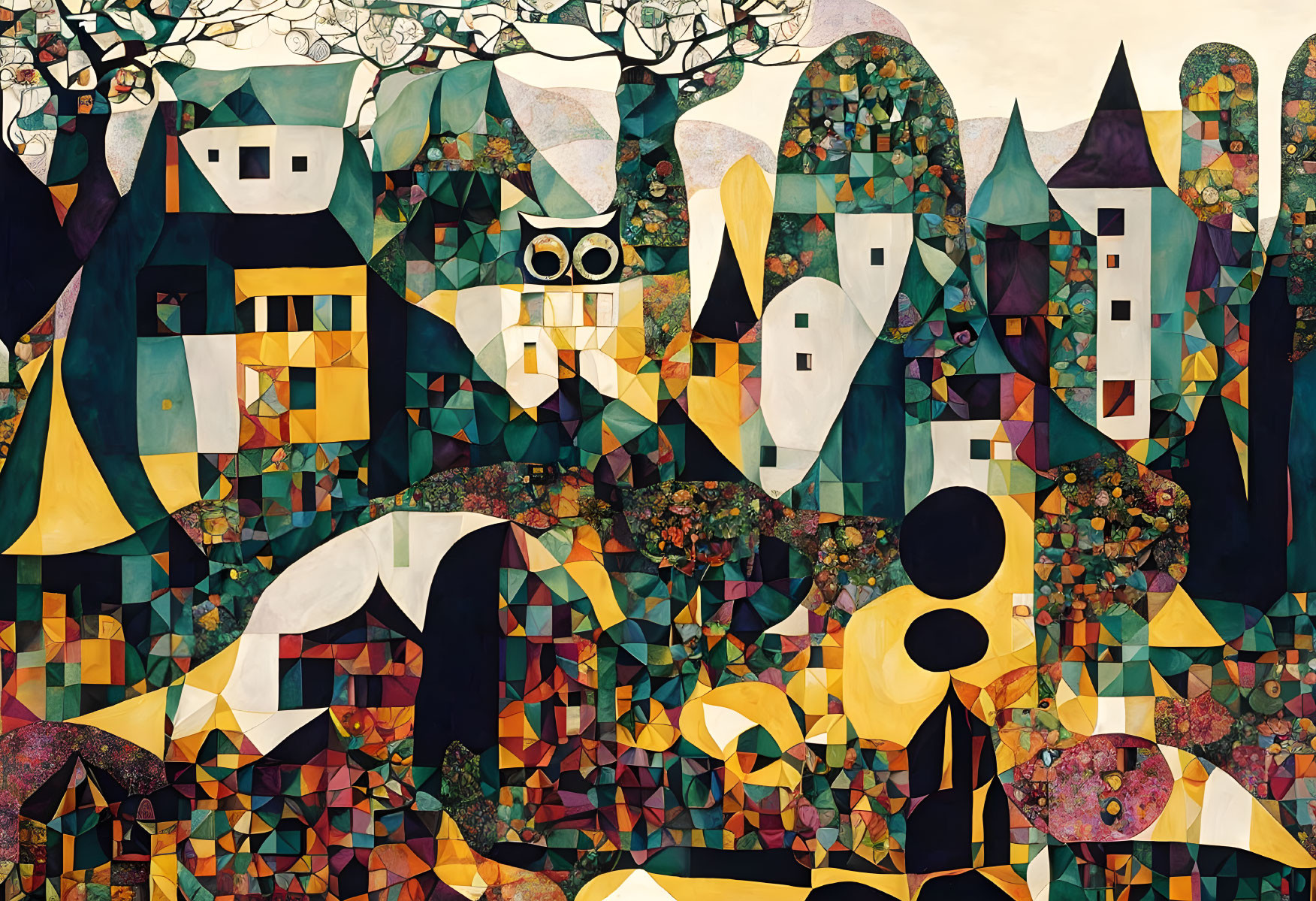 Abstract Cubist-Style Painting: Geometric Landscape with Trees, Buildings, and Figures