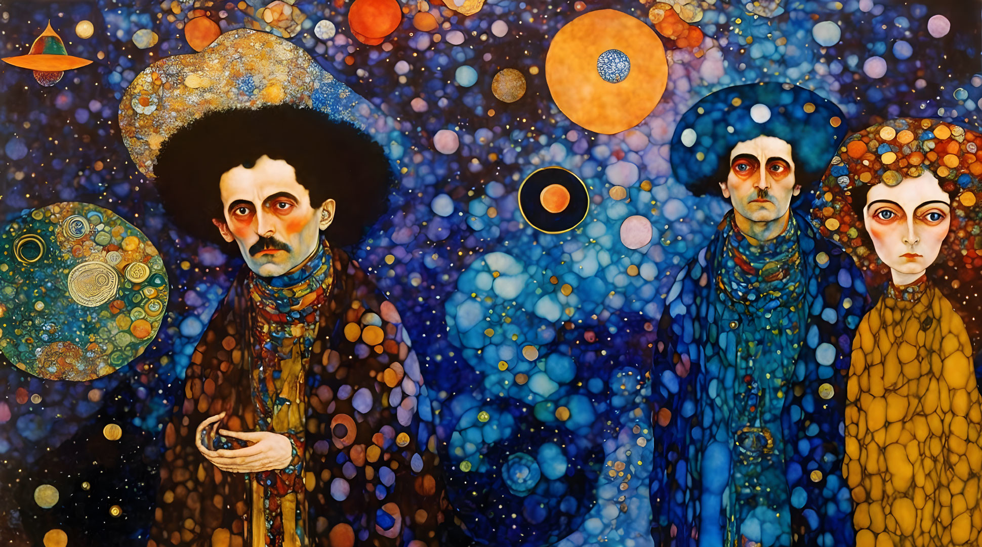 Three stylized individuals in celestial setting with vibrant orbs.