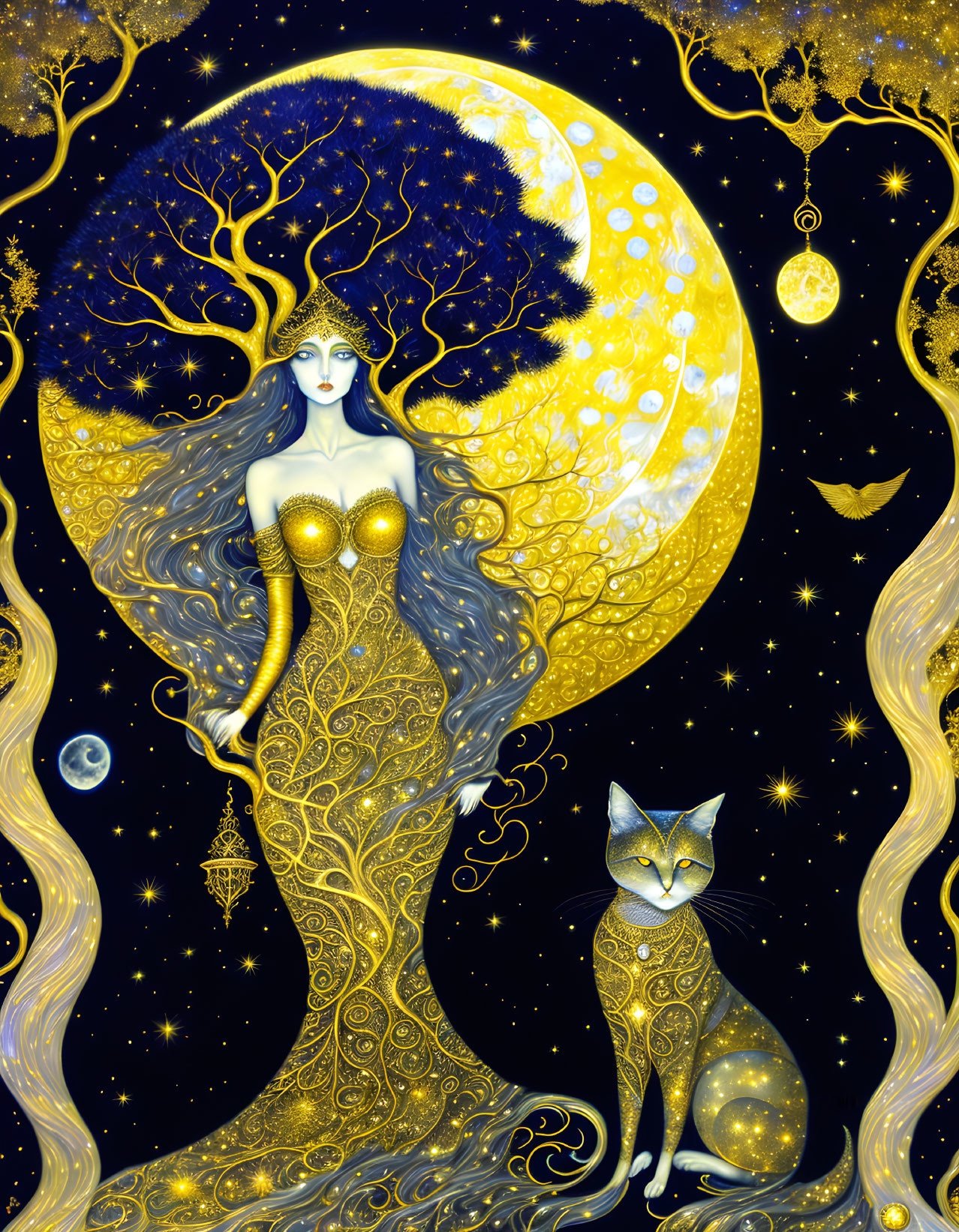 Fantastical woman merging with crescent moon and stylized cat in golden patterns