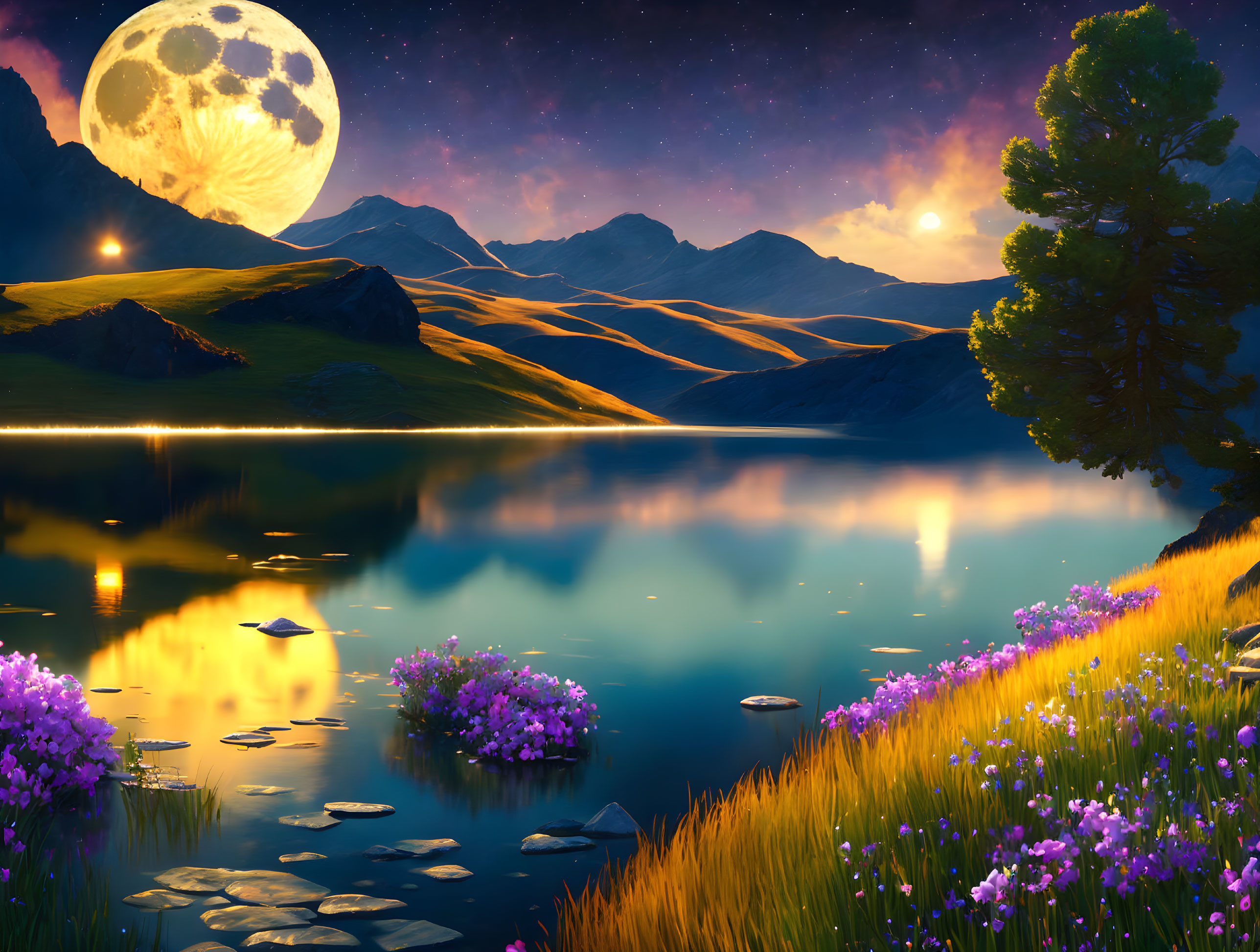 Twilight lakeside landscape with moon, stars, mountains, reflections, and purple flowers