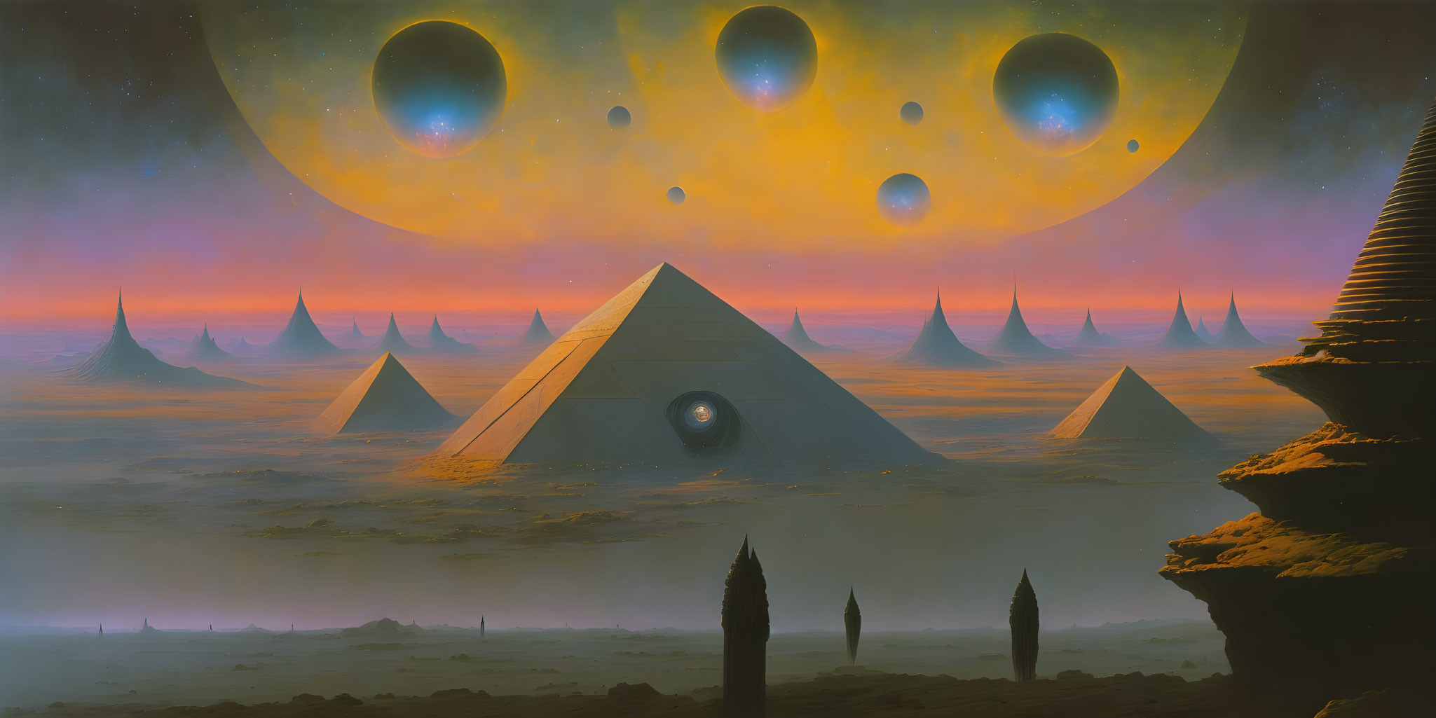 Surreal landscape with pyramids, spires, and multiple moons at alien sunset