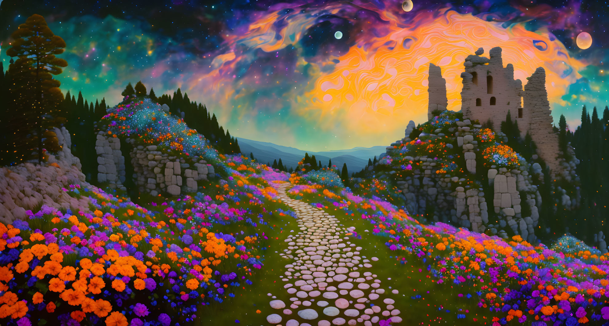 Stone path through colorful flower field to ancient ruins under swirling galaxy